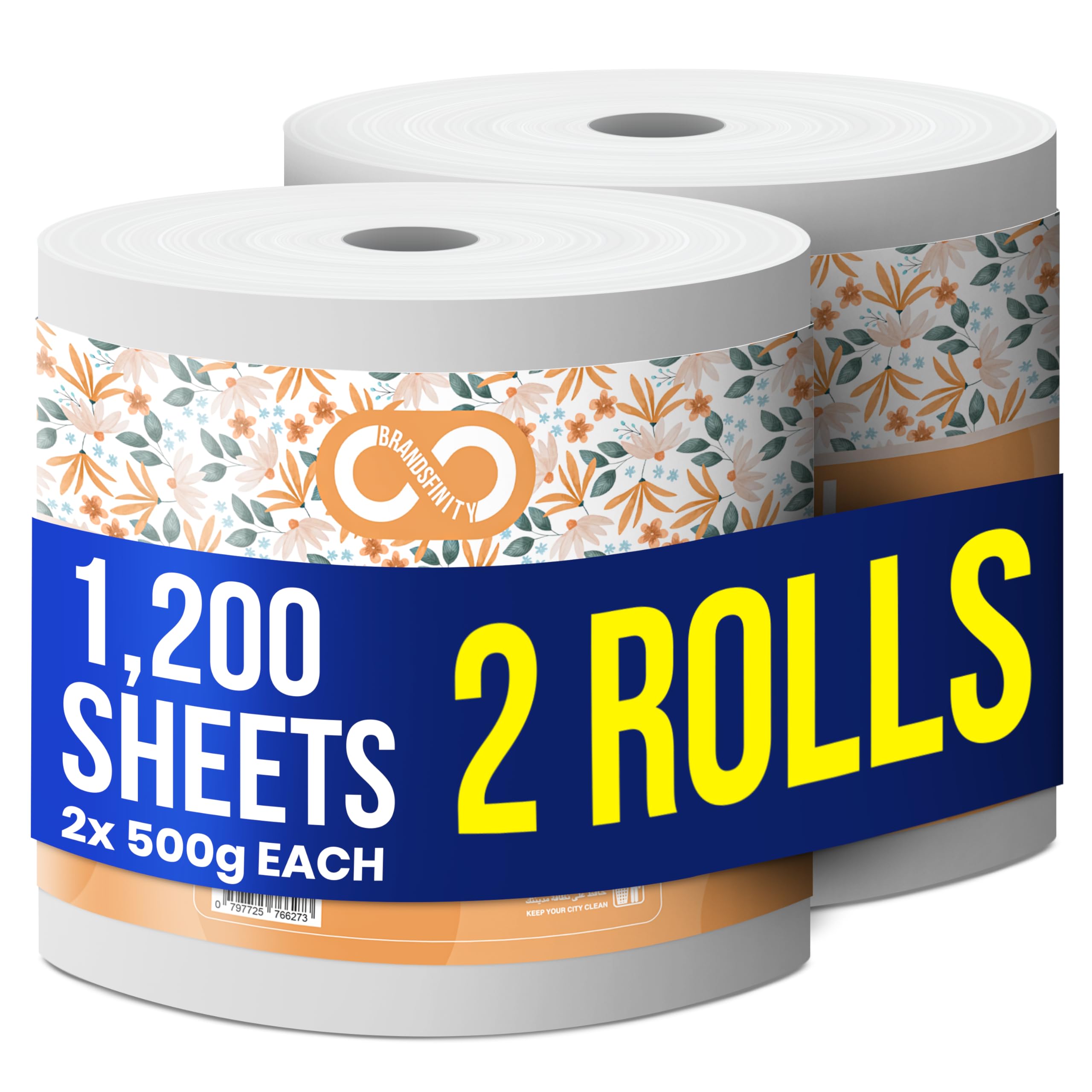 Brandsfinity Maxi Roll – Pack of 2 Rolls, 1200 sheets, 500g x 2 Ply Highly Absorbent Multi Purpose Kitchen Tissue Paper Towel for all Surfaces