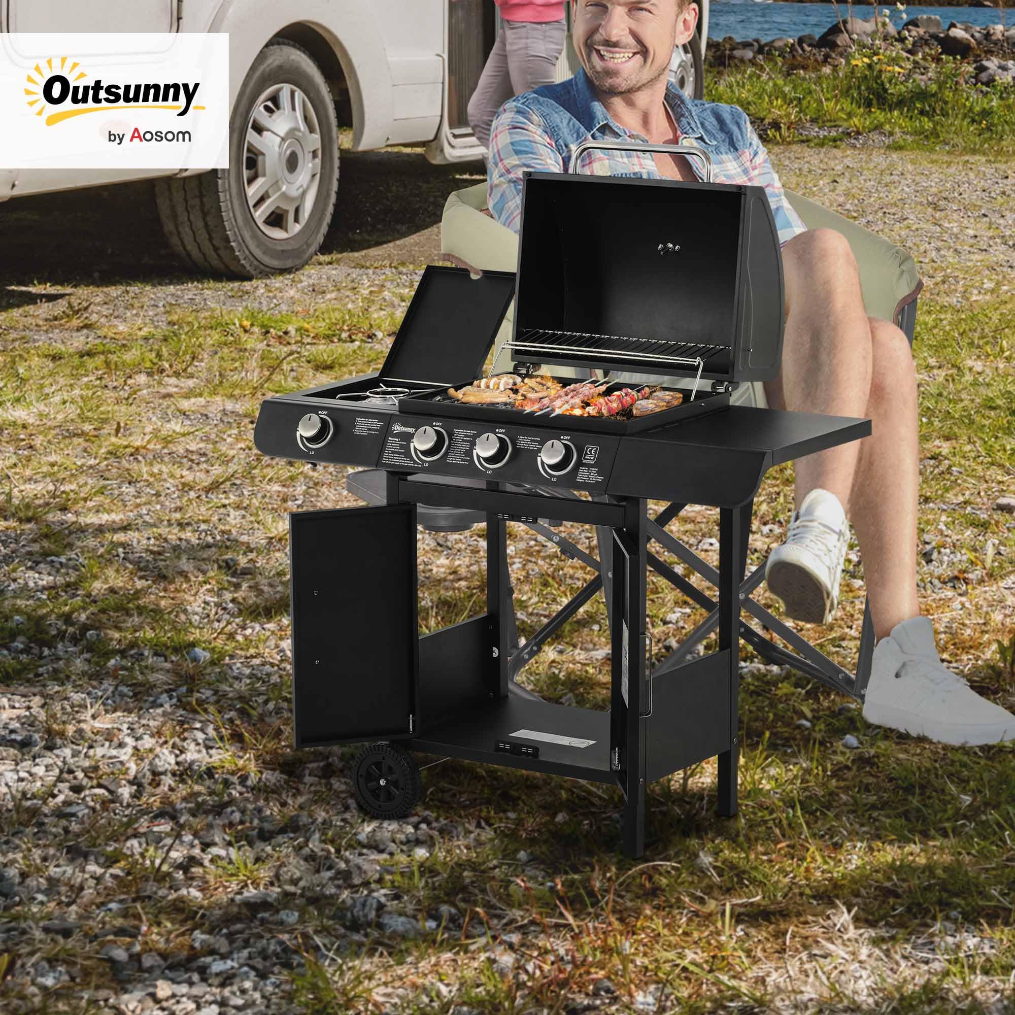 Outsunny Grill gazowy 11,6 kW, na kółkach, z 4 palnikami ze stali nierdzewnej, termometrem, płytą grzejną, otwieraczem do butelek, półki boczne, grill ogrodowy na balkon, 110 x 50 x 100 cm
