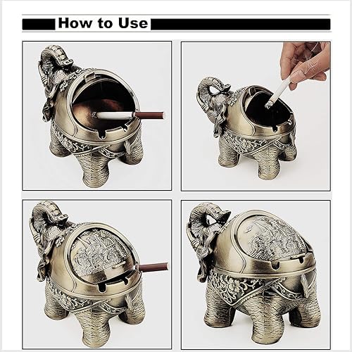 Miniatura 10 de LAUYOO Cenicero de elefante de metal con tapa, cenicero resistente al viento para exteriores, cenicero de interior para hierbas, ceniceros de