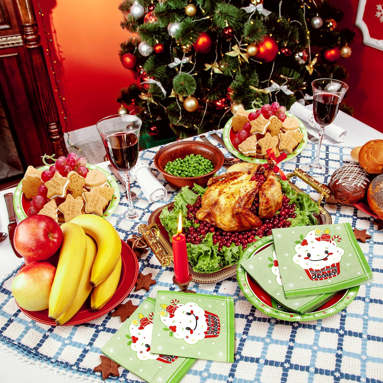 200 Stück Happy Birthday Jesus Party Geschirr-Set Einweg-Dinner-Party-Set 30 quadratisch 30 runde Happy Birthday Jesus Cupcake Pappteller 140 Cupcake Servietten für Weihnachten Jesus Party Supplies