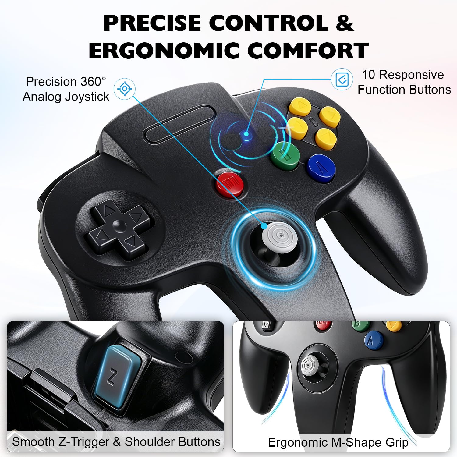 Miadore Lot de 4 manettes classiques 64 filaires N64 avec joystick amélioré (version USB non PC) (noir/vert transparent/bleu clair/orange transparent)