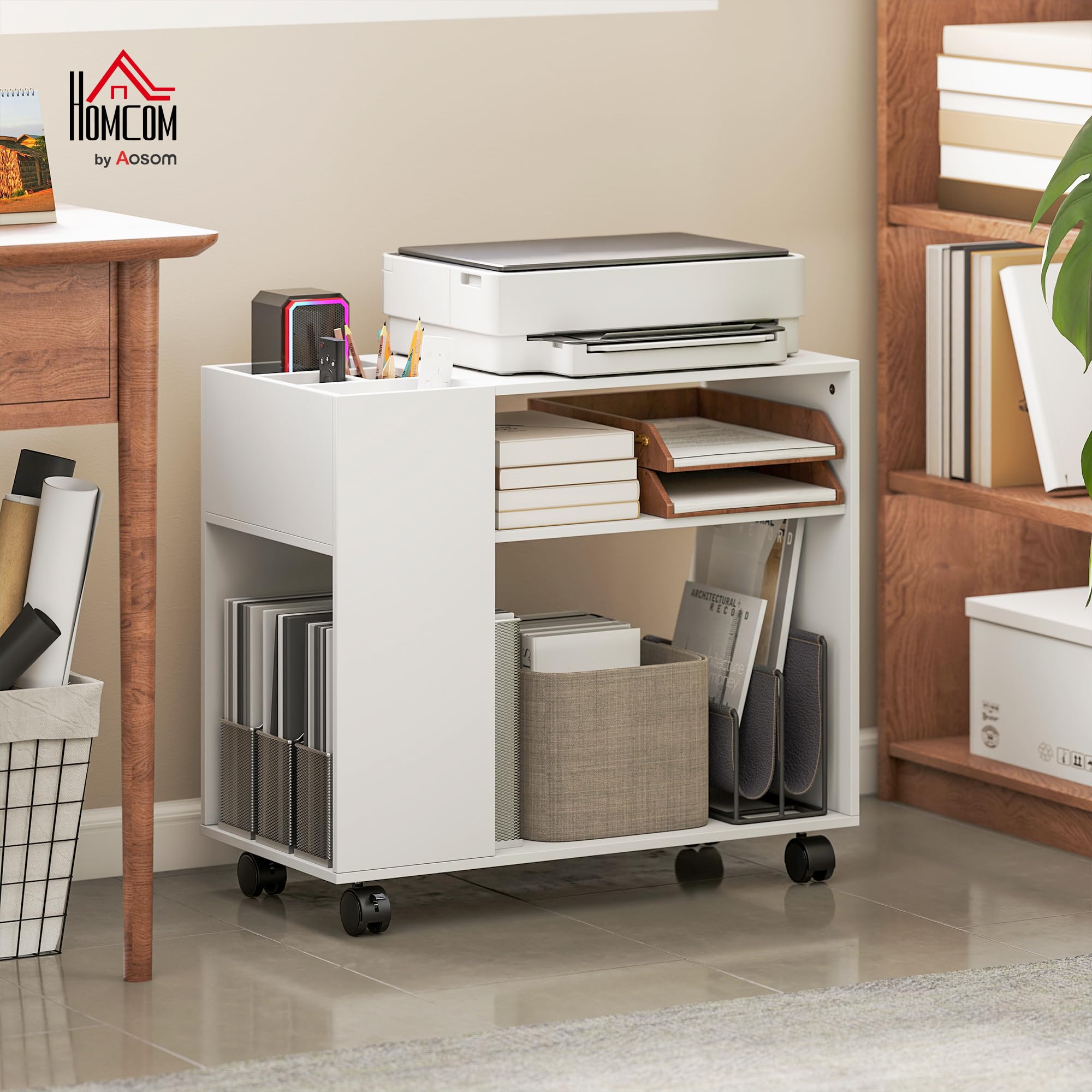 HOMCOM Druckertisch mit Rollen mit Unterteiltem Fach 70 x 34 x 60 cm Weiß | Druckerständer, Ablageflächen, Schreibtisch Organizer für Drucker, Druckerwagen für Büro Fax Scanner Office