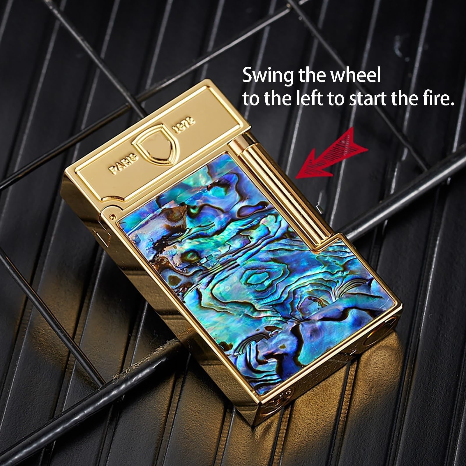Encendedor abatible de cobre con incrustaciones de carcasa colorida, llama suave de butano recargable, rueda de molienda deslizante lateral, regalo único para hombres