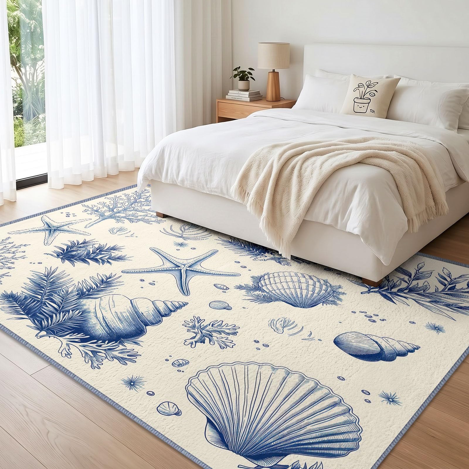 Generisch Seegras Koralle Seestern Waschbarer Teppich Wohnzimme 120x170 cm, Weich Kurzflor rutschfest Vintage Handgemalt Spaß Teppich für Schlafzimmer Esszimmer Büro