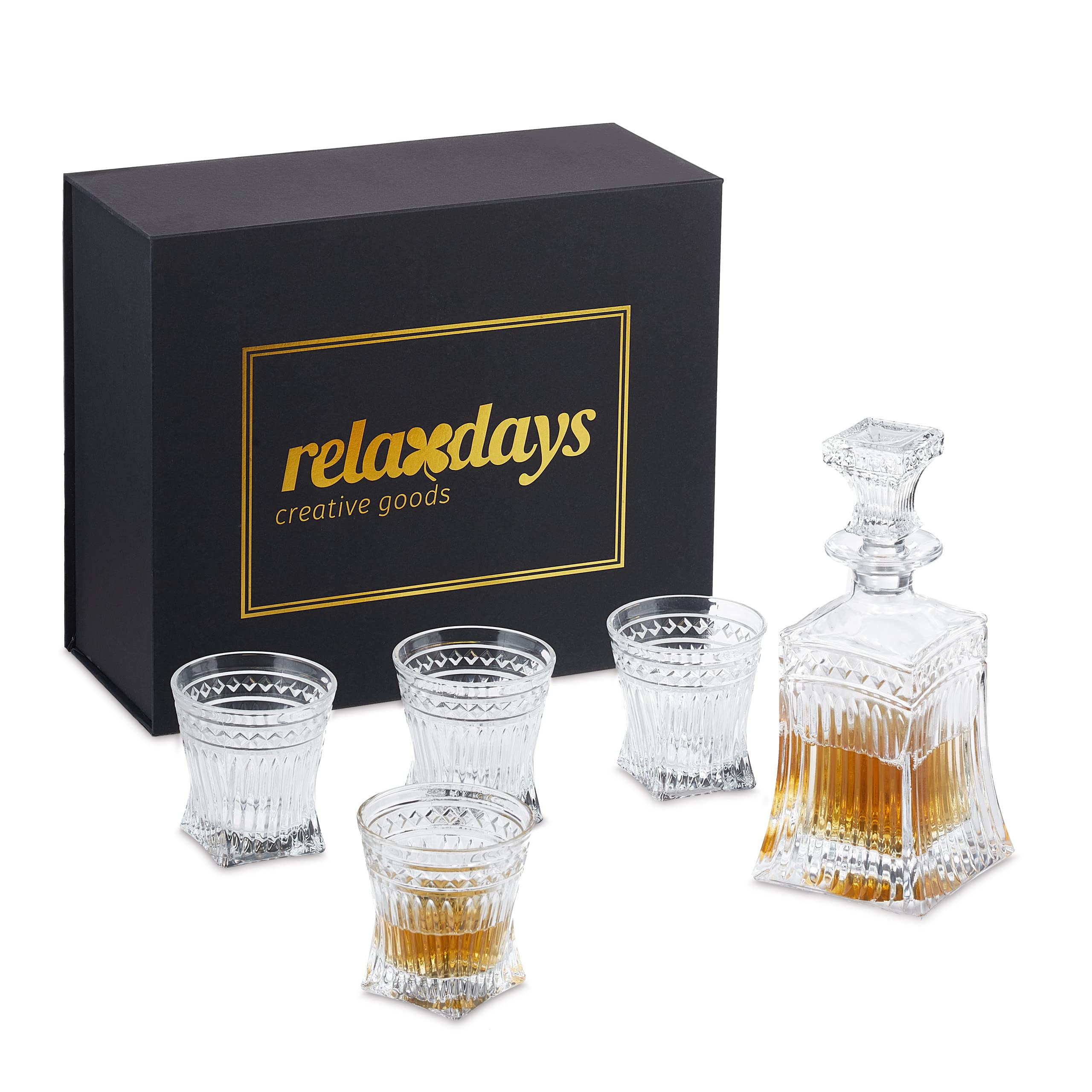 Relaxdays 5-częściowy zestaw do whisky, karafka do whisky 500 ml, 4 szklanki do whisky 240 ml, dekanter do koniaku, pudełko na prezent, przezroczyste, szkło