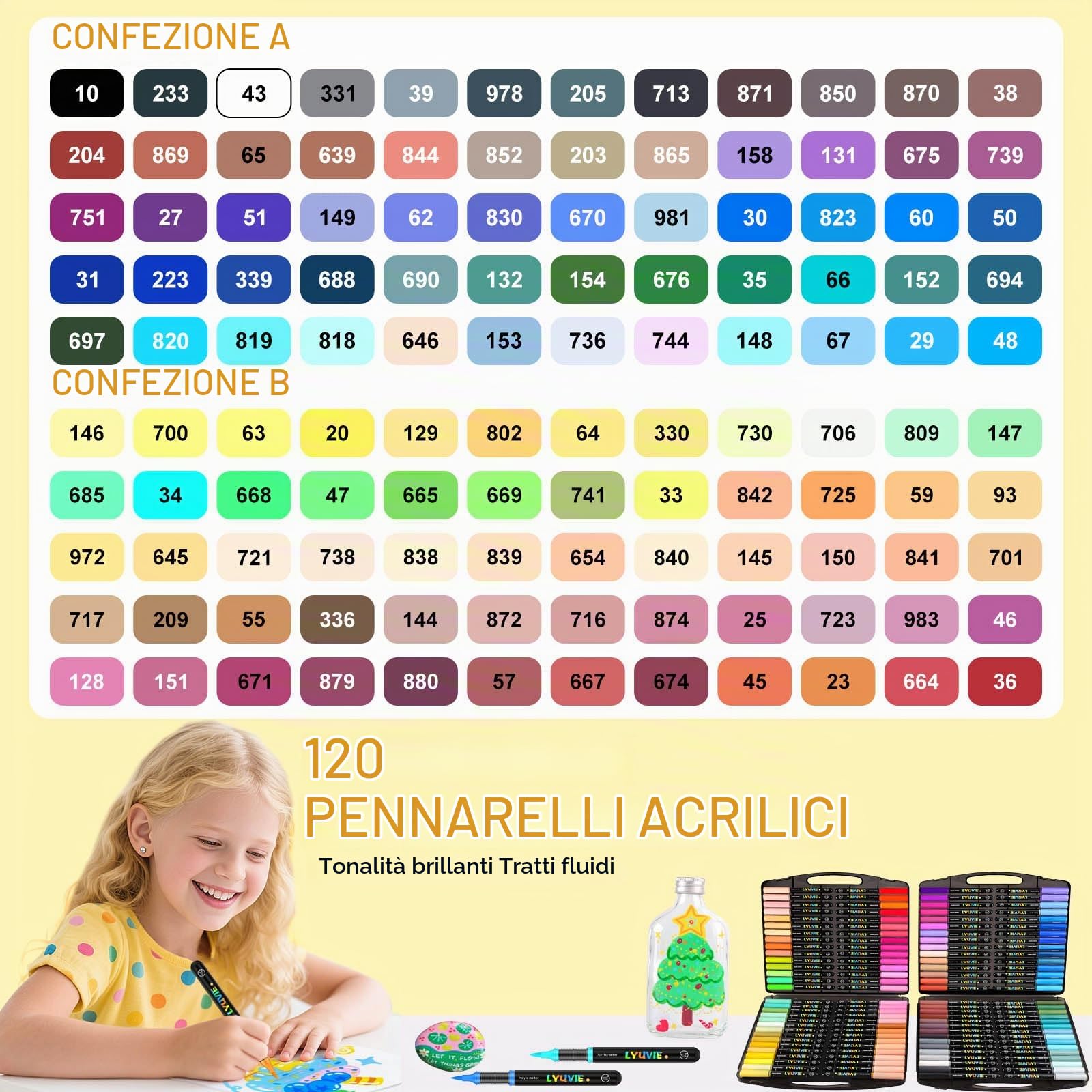 Lyuvie 120 Colori di Feltro Acrilico, Acrilico Paint Marker Pittura A Base Acqua, Pennarello Pittura Acrilico per la Pittura su Pietra,Legno, Carta, Tessuto, Ciottoli, Vetro, Plastica