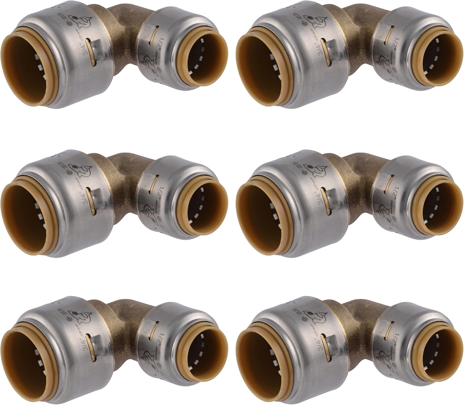 SharkBite 3/4 Inch x 1/2 Inch 90 Degree Reducing Elbow, Pack of 6, Push to Connect Brass Plumbing Fitting, PEX Pipe, Copper, CPVC, PE-RT, HDPE, U274LF
