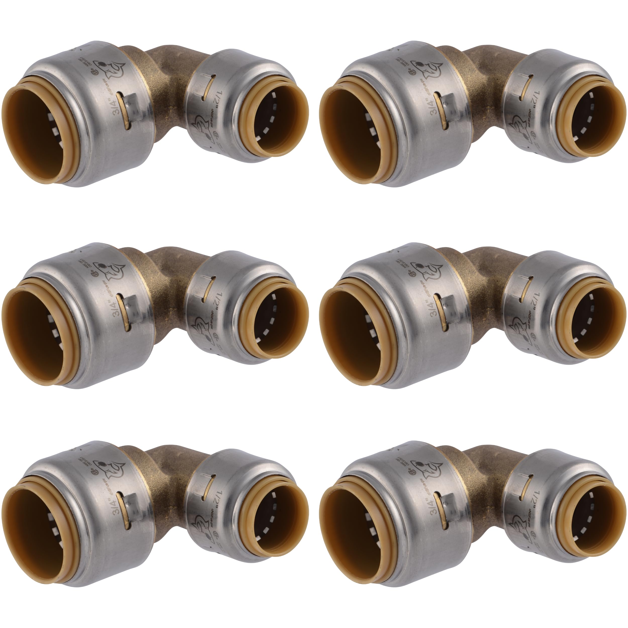 SharkBite Codo reductor de 90 grados máximo de 3/4 pulgadas x 1/2 pulgadas, paquete de 6, accesorio de fontanería de latón a presión para conectar, tubo PEX, cobre, CPVC, PE-RT, HDPE, UR274