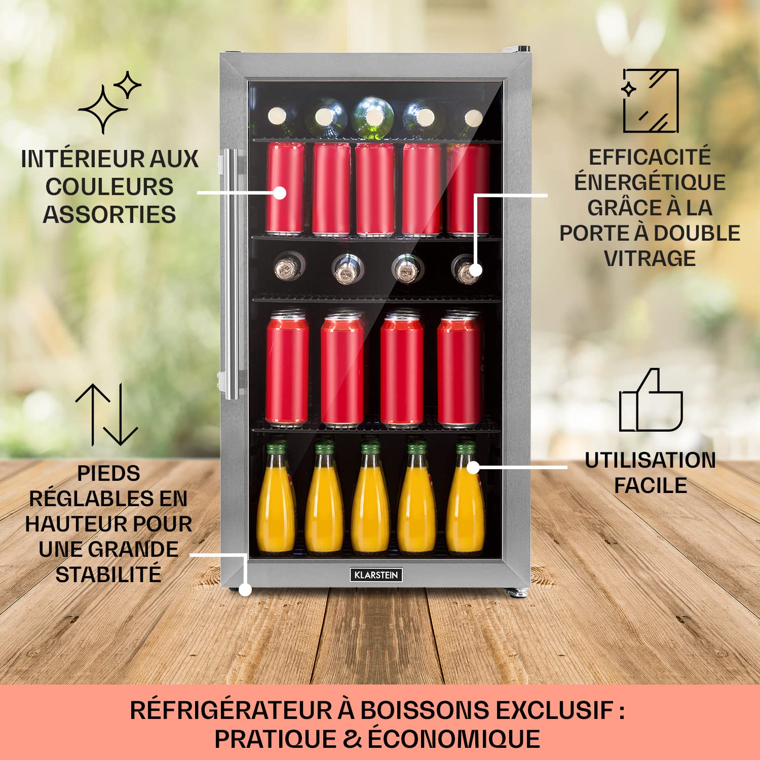 KLARSTEIN Beersafe Réfrigérateur à Boissons 98 L – Frigo avec Porte Vitrée, Noir | Éclairage LED, étagères métalliques amovibles, silencieux, pour boissons et canettes