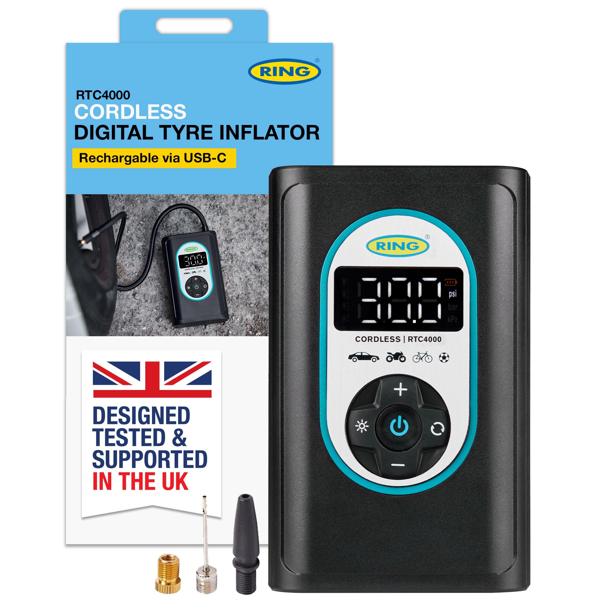 TYREINFLATE GO 4 Cordless Digital Tyre Inflator Air Compressor: Rechargeable & Powerful - Measures in PSI, BAR & kPA