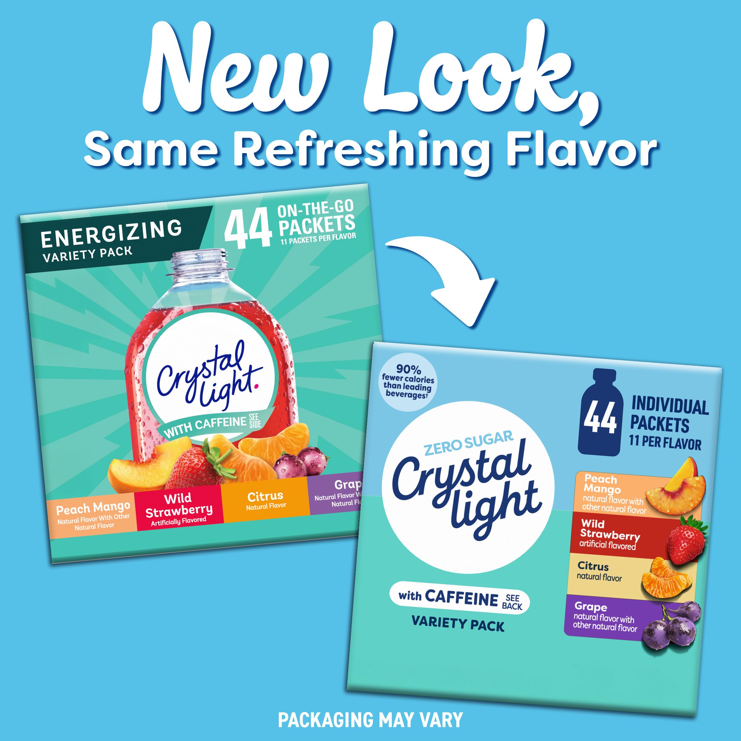 Crystal Light Mezcla de bebida energizante con cafeína, paquete variado de 44 paquetes para hidratación sobre la marcha, melocotón mango, fresa silvestre, cítricos, uva, sabor natural y artificial