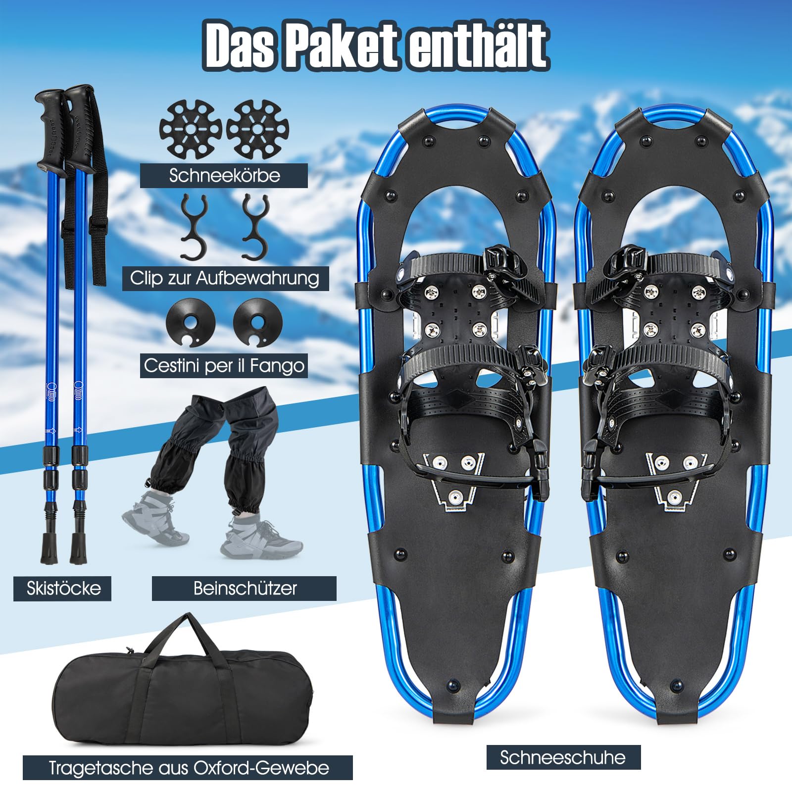 COSTWAY Schneeschuhe mit Steighilfe, Schuhgröße 38-45, Schneeschuhe mit Doppel-Ratschenbindungssystem, Aluminiumrahmen, Trekkingstöcke & Tragetasche, Gamaschen, für Herren, Damen