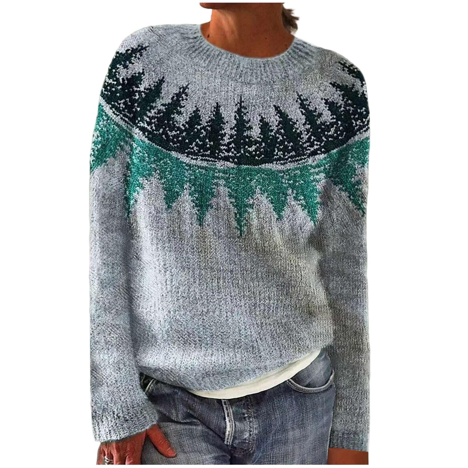 Womens Fair Isle Knitted Sweater Boho Retro Long Sleeve Crewneck Sweaters Fall Winter Casual Pullover Tops