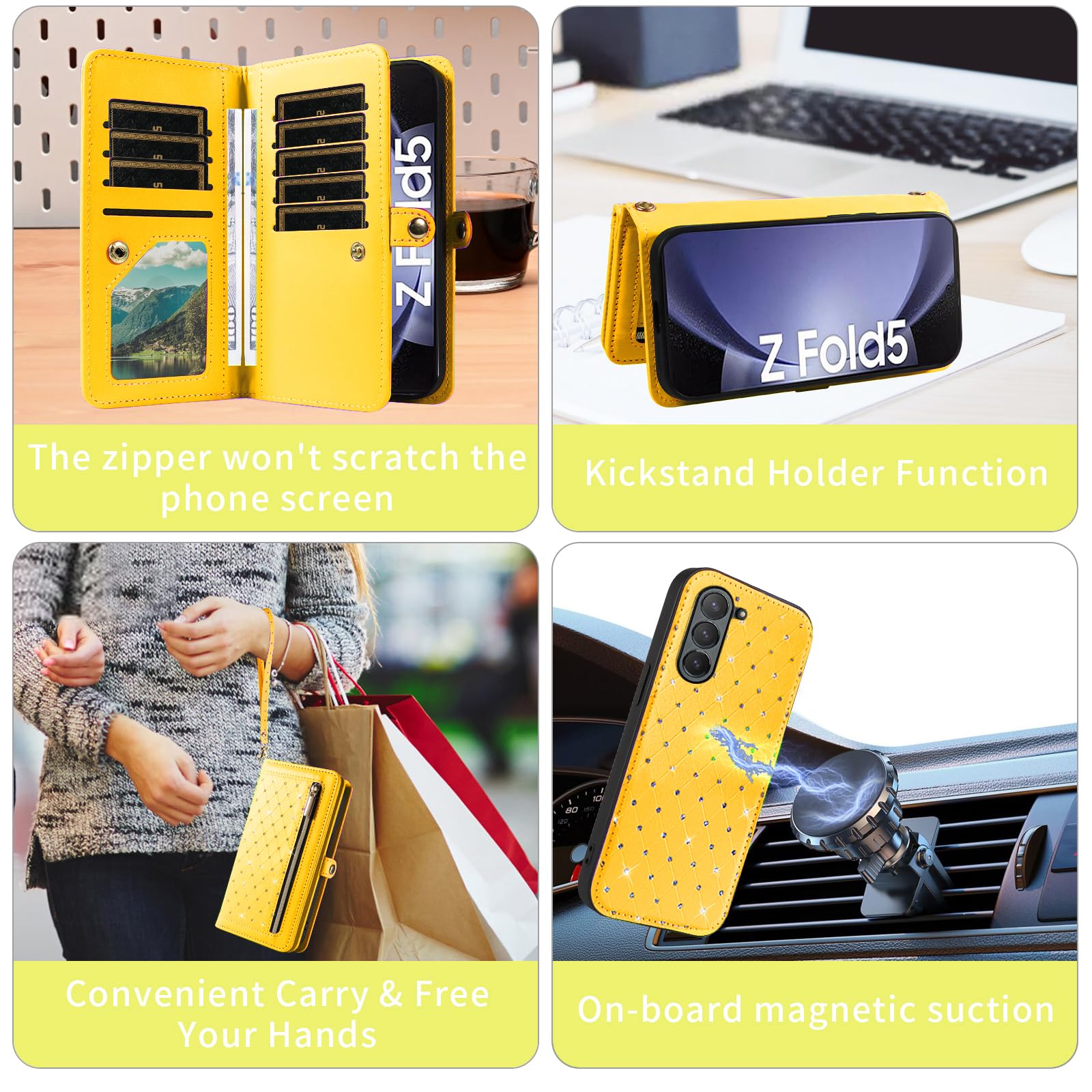 Custodia per Samsung Galaxy Z Fold 5 5G 2023 Portafoglio con cerniera Custodia magnetica staccabile a tracolla Cordino Bling Glitter Flip Porta carte di credito Slot ZFold5 Z5 G Fold5 5Z Donna Giallo