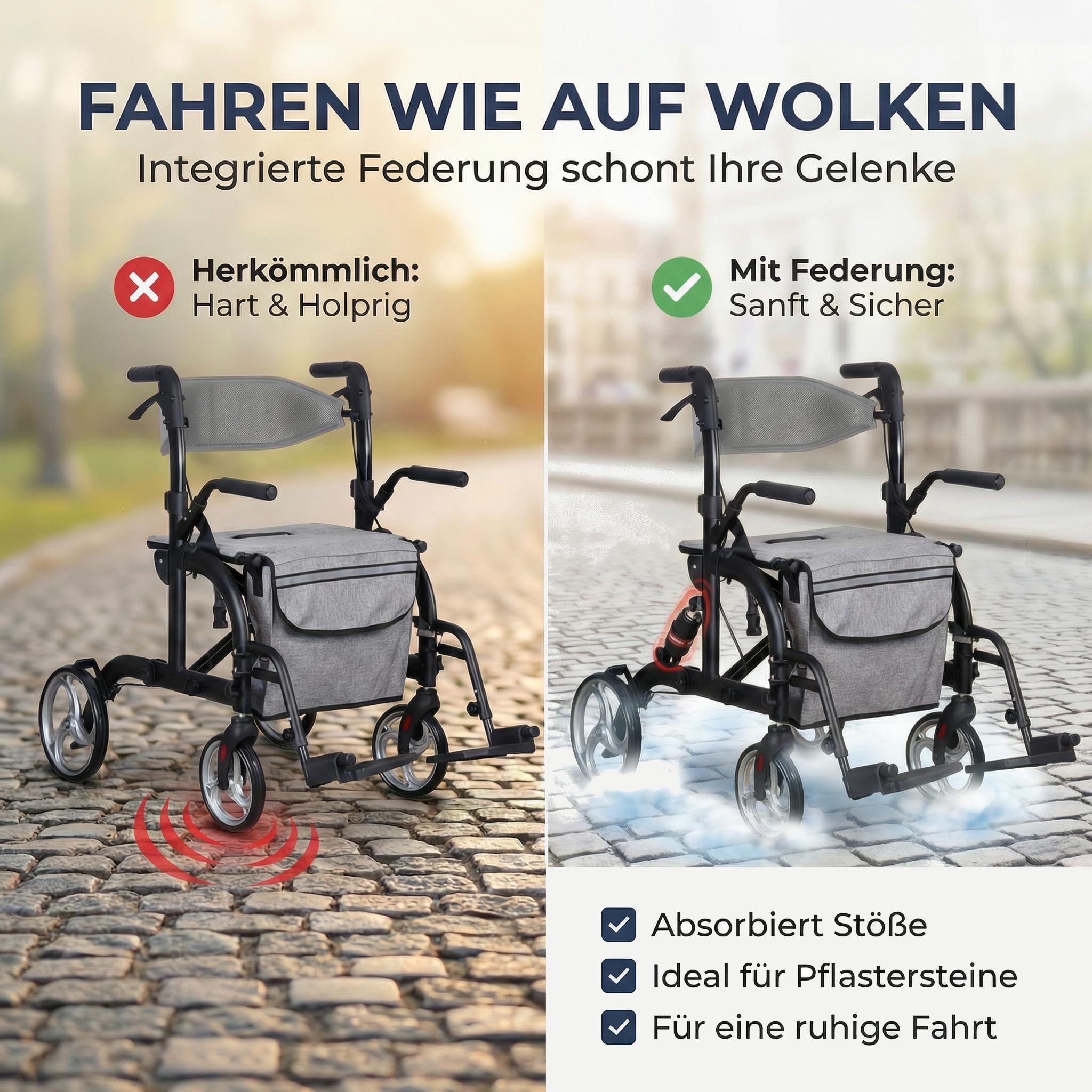 Rollator Rollstuhl 2 in 1 faltbar mit Federung, Matt-Schwarz