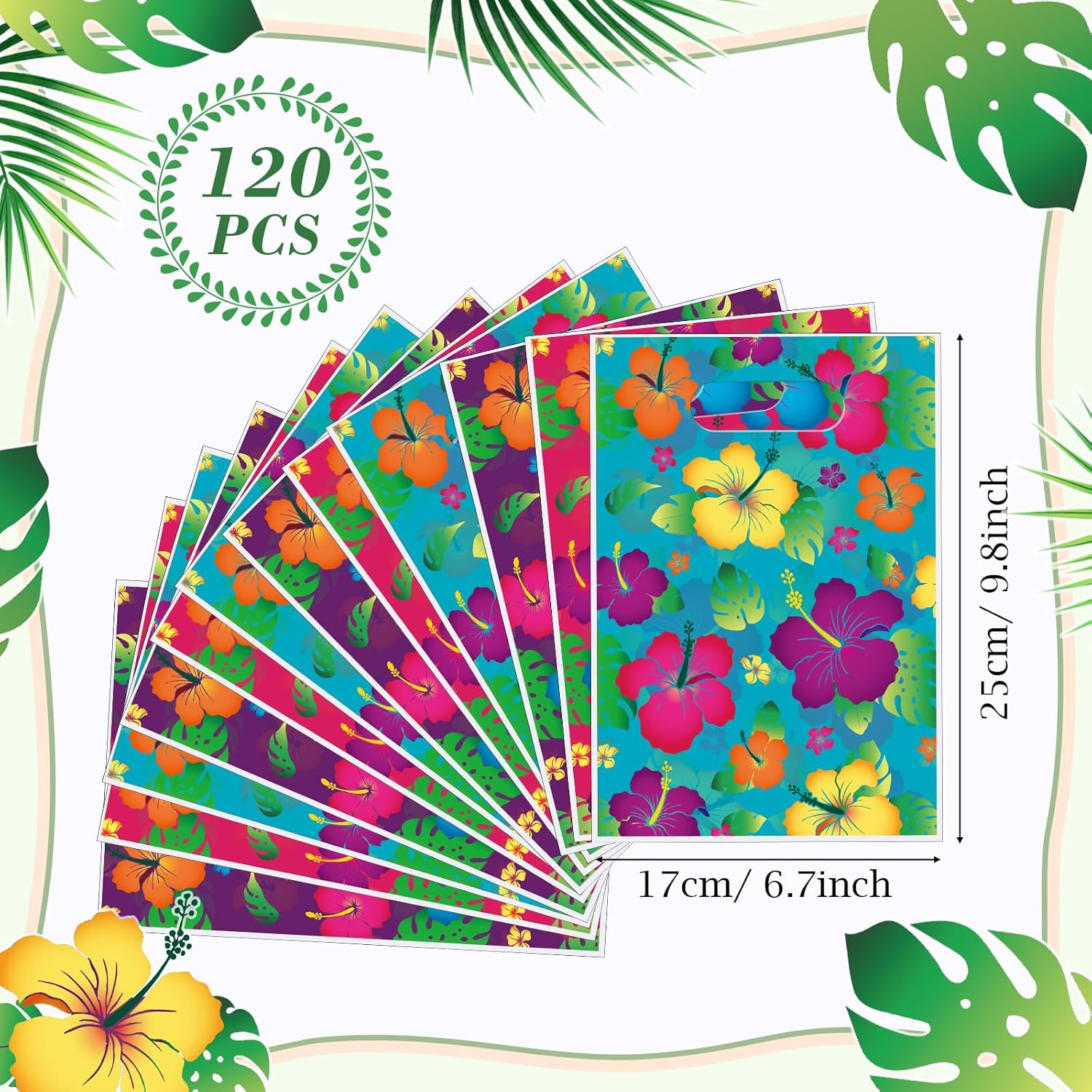 Pasimy 120 Pcs Luau Party Favor Bags Hawaiian Gift Tropical Floral Plastic Bags Tiki Luau Treat Supplies with Die Cut Handle for Hawaiian Aloha Party - Image 2
