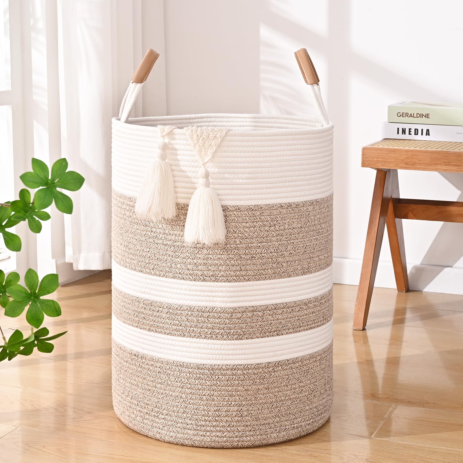 Large Laundry Basket, Laundry Hamper with Leather Handles, 60L Woven Dirty Clothes Hamper, Rope Hampers for Bedroom, Barthroom, Brown