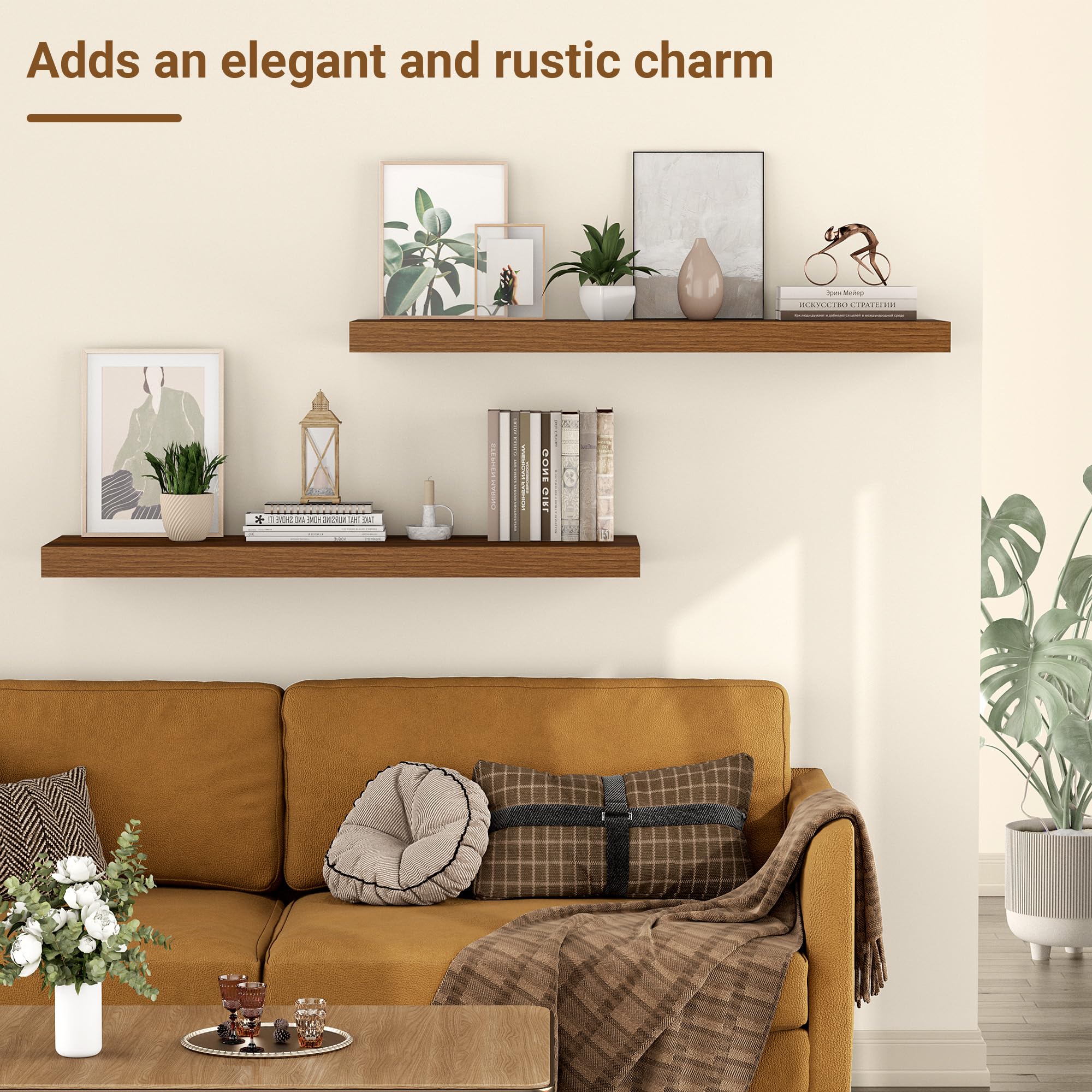 Feihorrm Estantes flotantes para pared de 60 x 29,5 cm de ancho, estantes flotantes de madera de nogal para baño, cocina, sala de estar, dormitorio, almacenamiento y organizador, juego de 2
