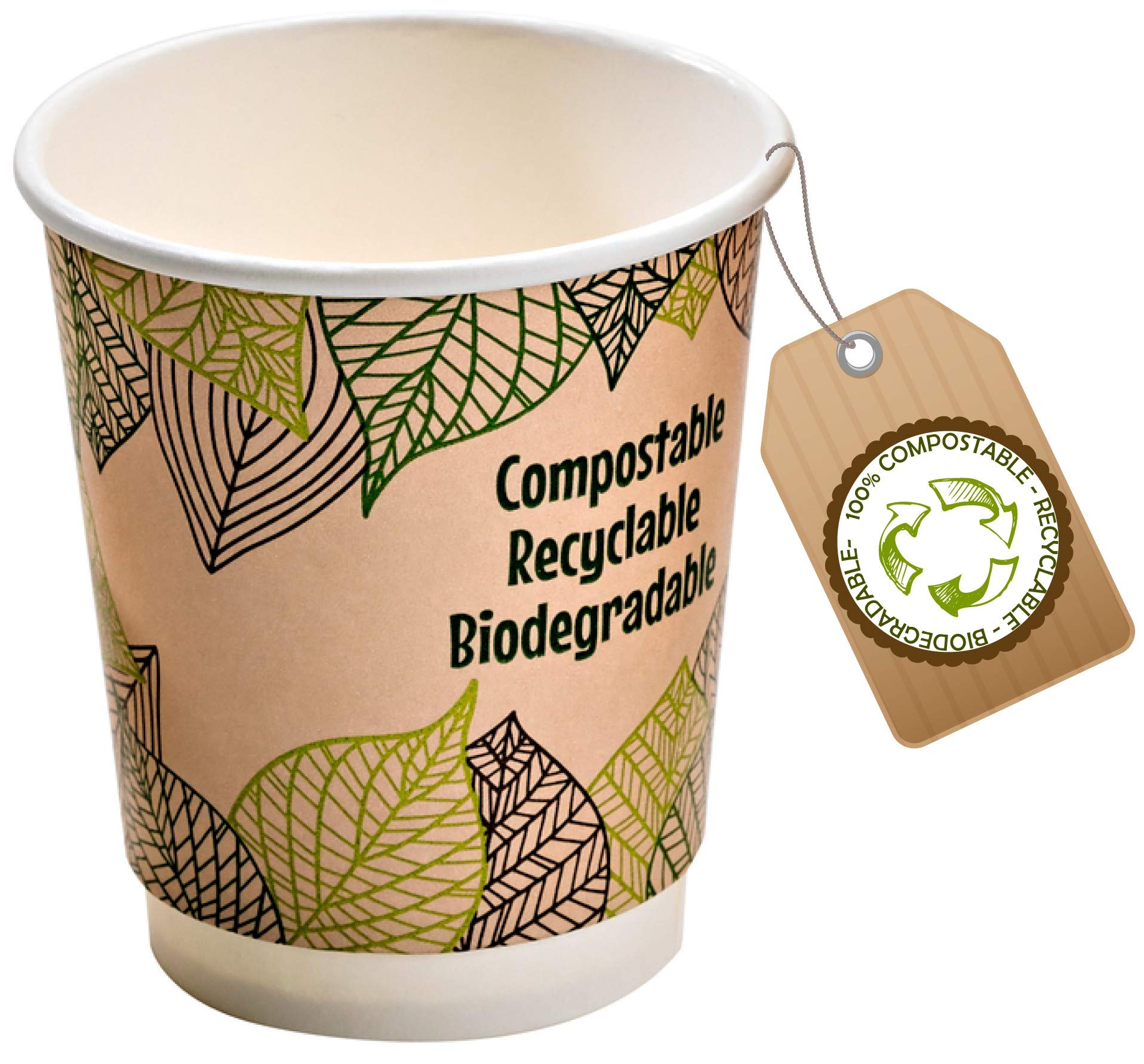 Vasos desechables de 230 ml, biodegradables, reciclables y compostables, de papel kraft con pared de doble capa para capuchino, agua o bebidas calientes y frías.