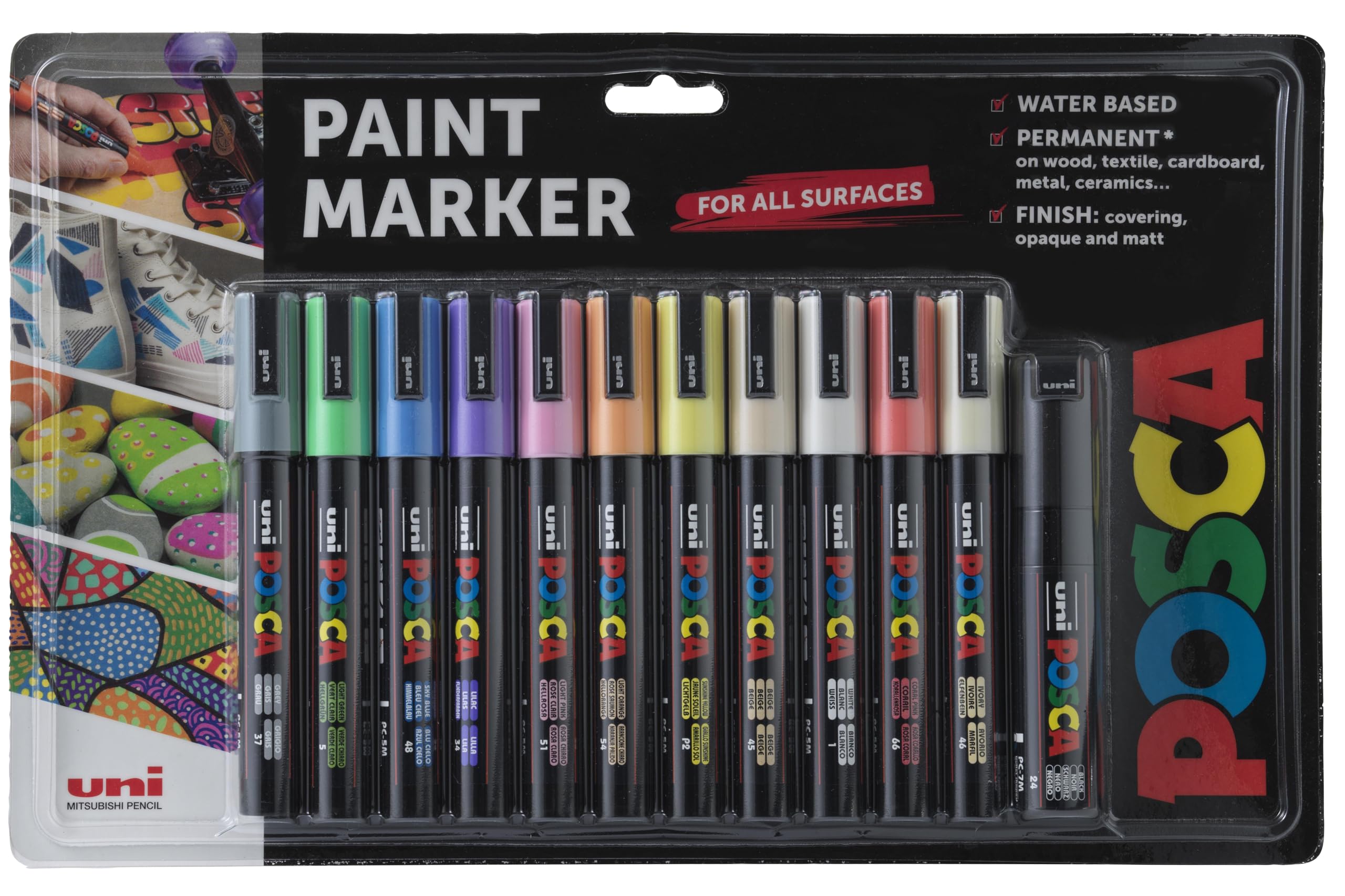 Posca Markery permanentne ze średnią końcówką filcową, na bazie wody, idealne do malowania skalnego, płótna, szkła, drewna, metalu, tkanin, kolorowania, sztuki i rękodzieła, dla dzieci i dorosłych,