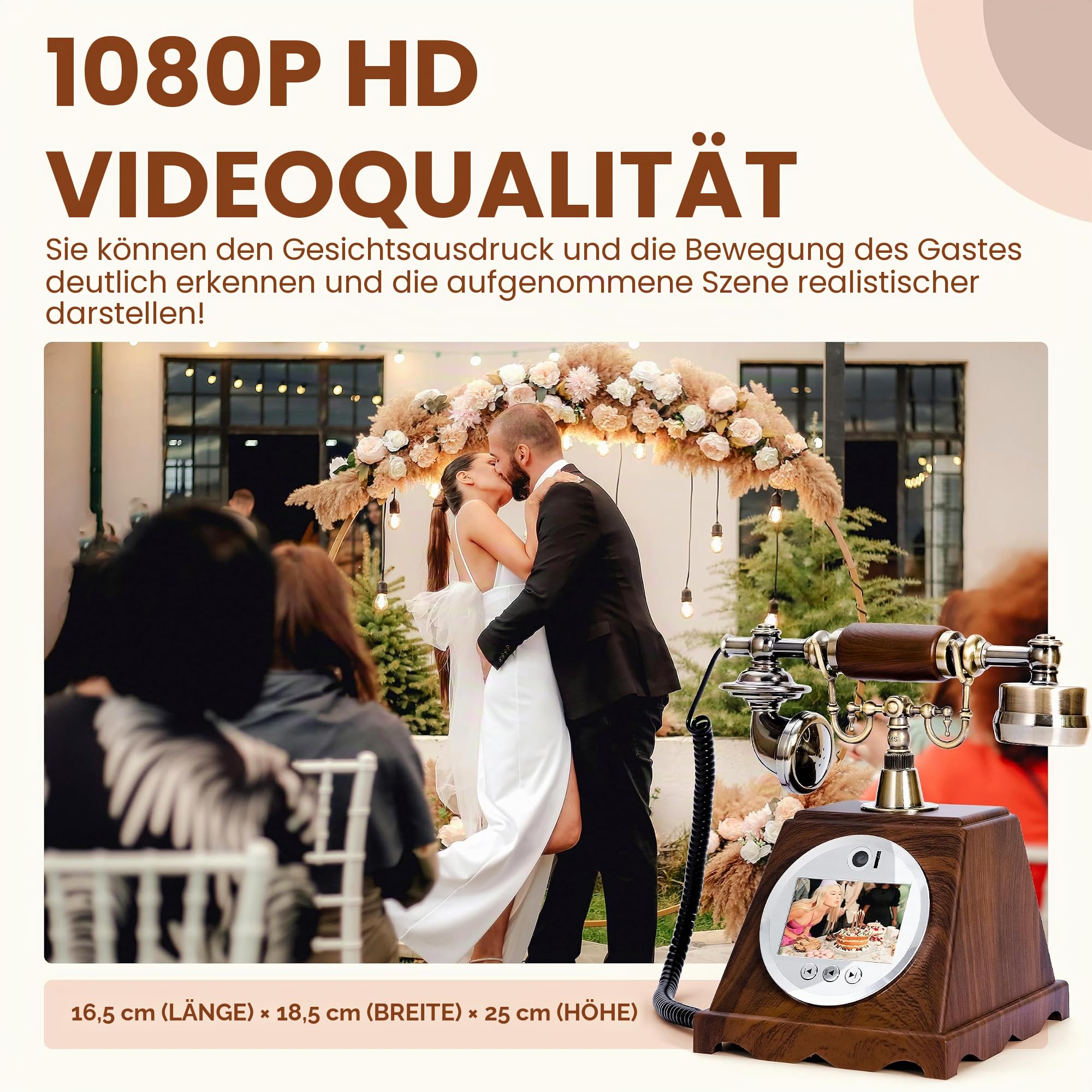 Video-Audio-Gästebuch, Hochzeitstelefon, 1080P HD-Video-Gästebuch, bewahren Sie Ihre besonderen Anlässe auf, ideal für Hochzeit, Brautparty, Geburtstag, Abschlussfeiern, Babyparty (Retrobraun