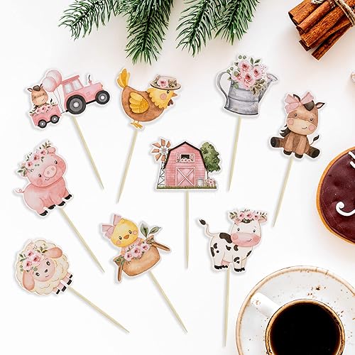 Miniatura 3 de Gyufise 36 piezas de adornos para magdalenas de animales de granja rosa lindo niña de granja animal de cumpleaños para niñas temática de animales de