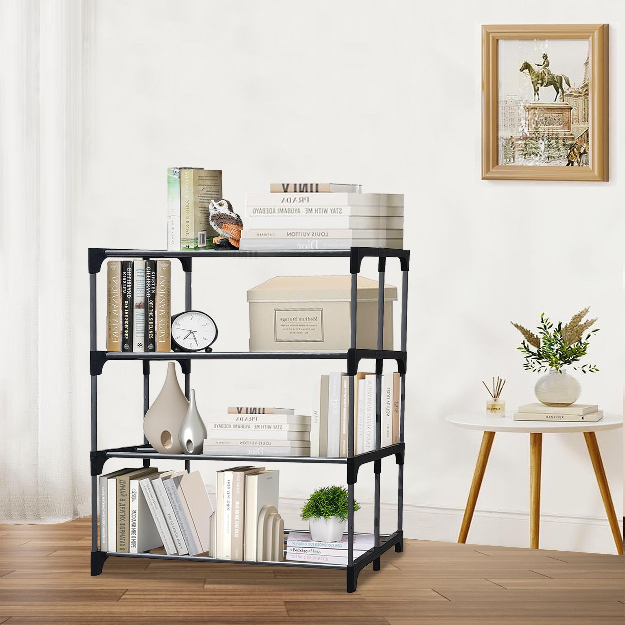 PHILOSHOP 4 Tier Metal Book Shelf Tall Narrow Storage Rack for Kids and Adults Modern Bookshelf Unit for Nursery, School, Home, and Office, Floor Mount Open