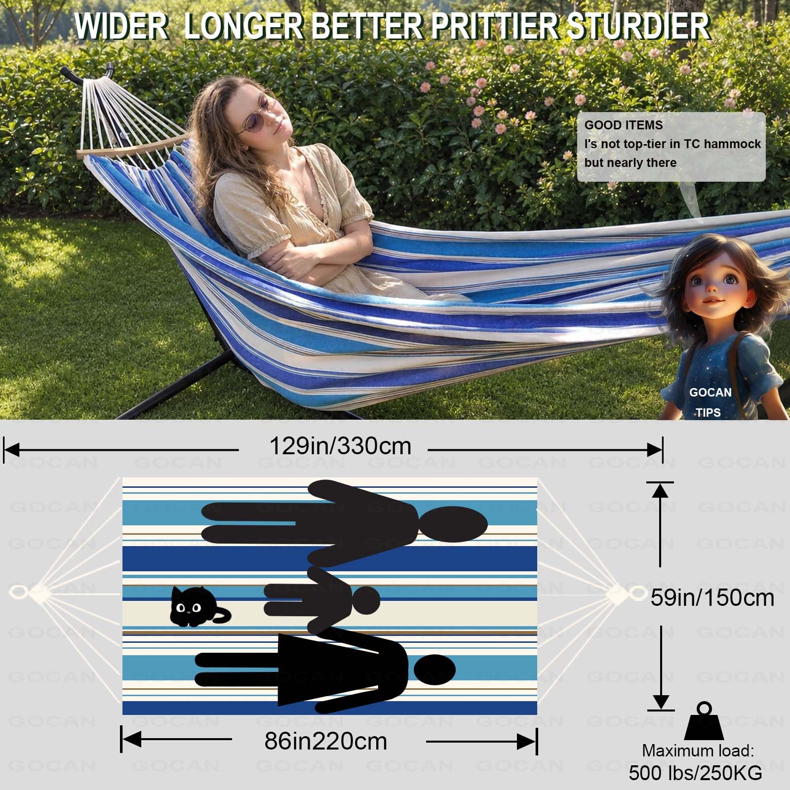 Hamaca para 2 personas de 220 x 150 cm Longitud total 330 cm capacidad 300 kg de tela de algodón para exteriores, jardín, interior, balcón, niños con barra de extensión removible