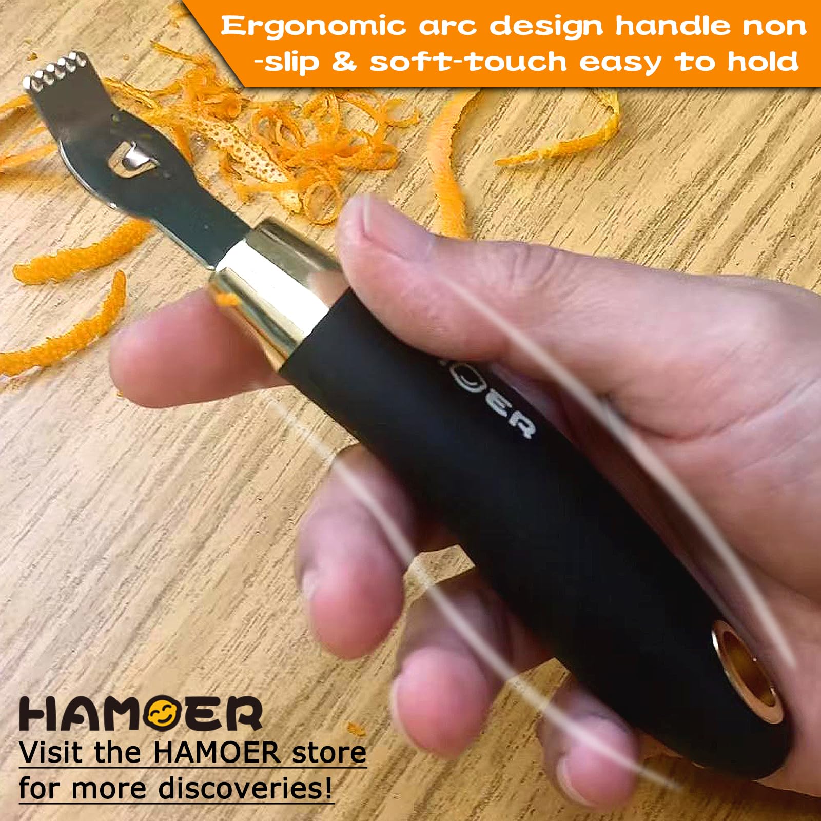 HAMOER Vegetable Citrus Lemon fruit Potato Peeler Zester Channel Knife Tool Set for Kitchen Bar, Stainless Steel Blade, Ergonomic Design Curved Handle, Black-Gold