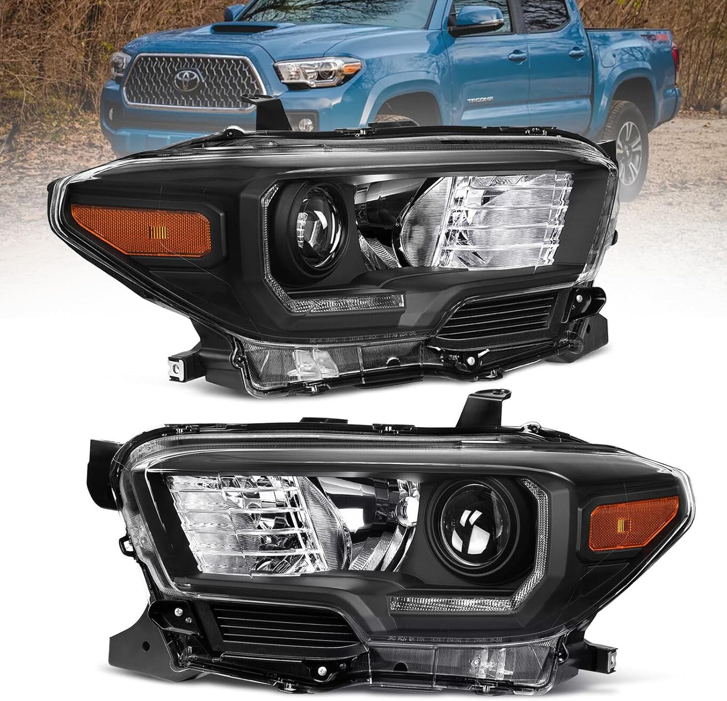 Fit For 2016-2021 Toyota Tacoma Headlights,Halogen Headlamp with LED DRL Black Housing Amber Reflector Replacement Driver Passenger Side