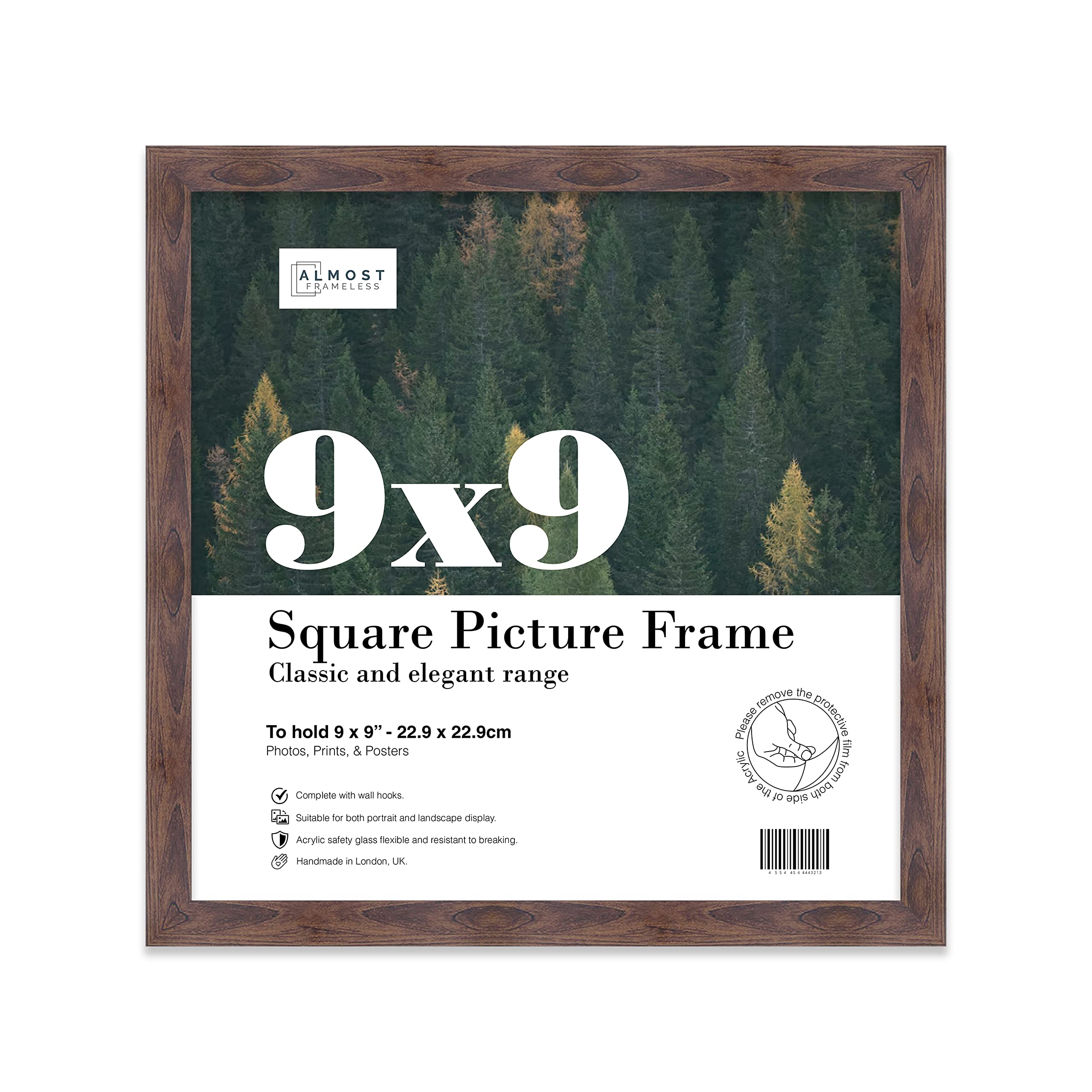 Almost Frameless 9x9 Walnut Picture Frame 9"x9" (22.9x22.9cm) Poster, Photo, Artwork, or Print. Thin Edge Slim Frame Portrait and Landscape Display with Wall Hooks