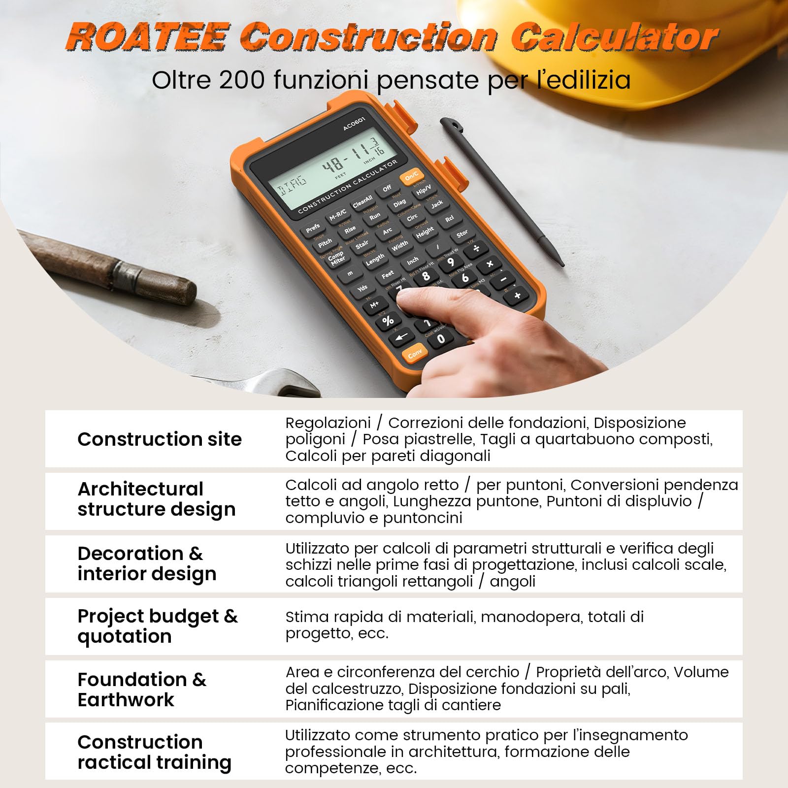 Calcolatore da Costruzione con Tavoletta per Scrittura Industriale e Scientifica ROATEE - Calcolatore per Ingegneri per Appaltatore, Calcolatori da Tasca Pollici-Piedi-Frazione per Carpentiere