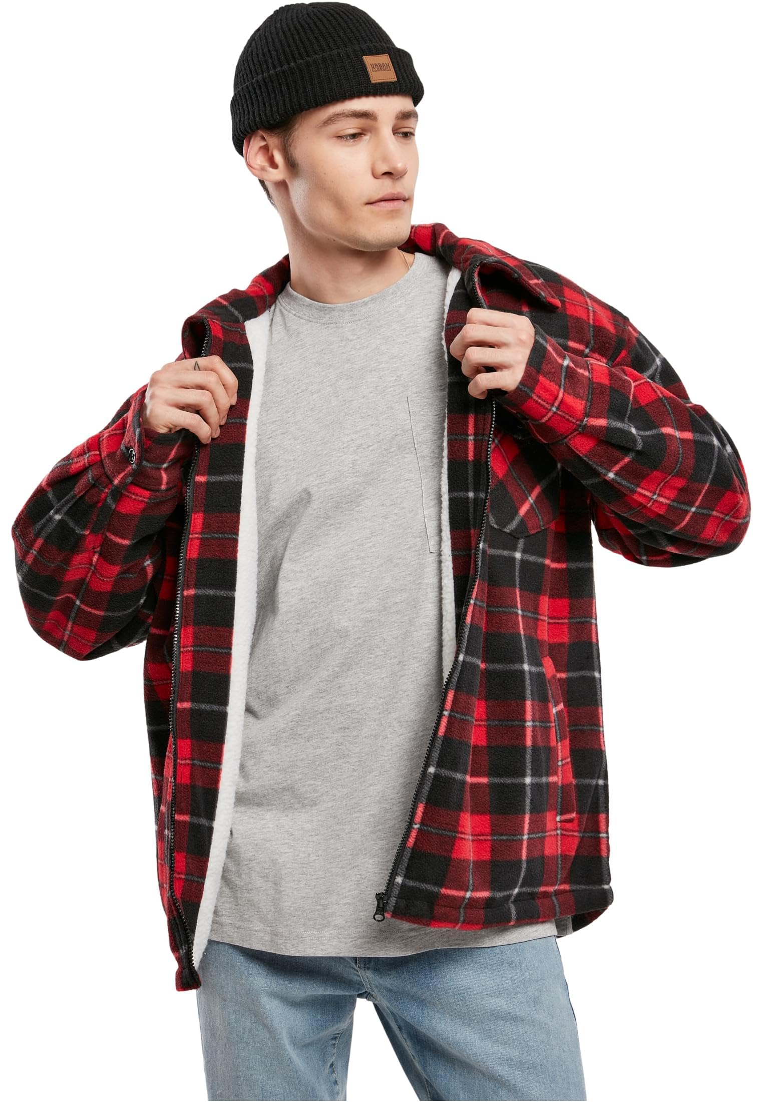 Urban Classics Men's Plaid Teddy Lined Shirt Jacket Women, red/Black, XL
