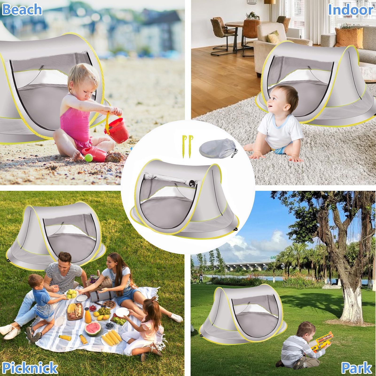 Tienda De Playa Para Bebé - Pop-up - UPF 50+ - Incluye Estacas Y Bolsa - Color Gris