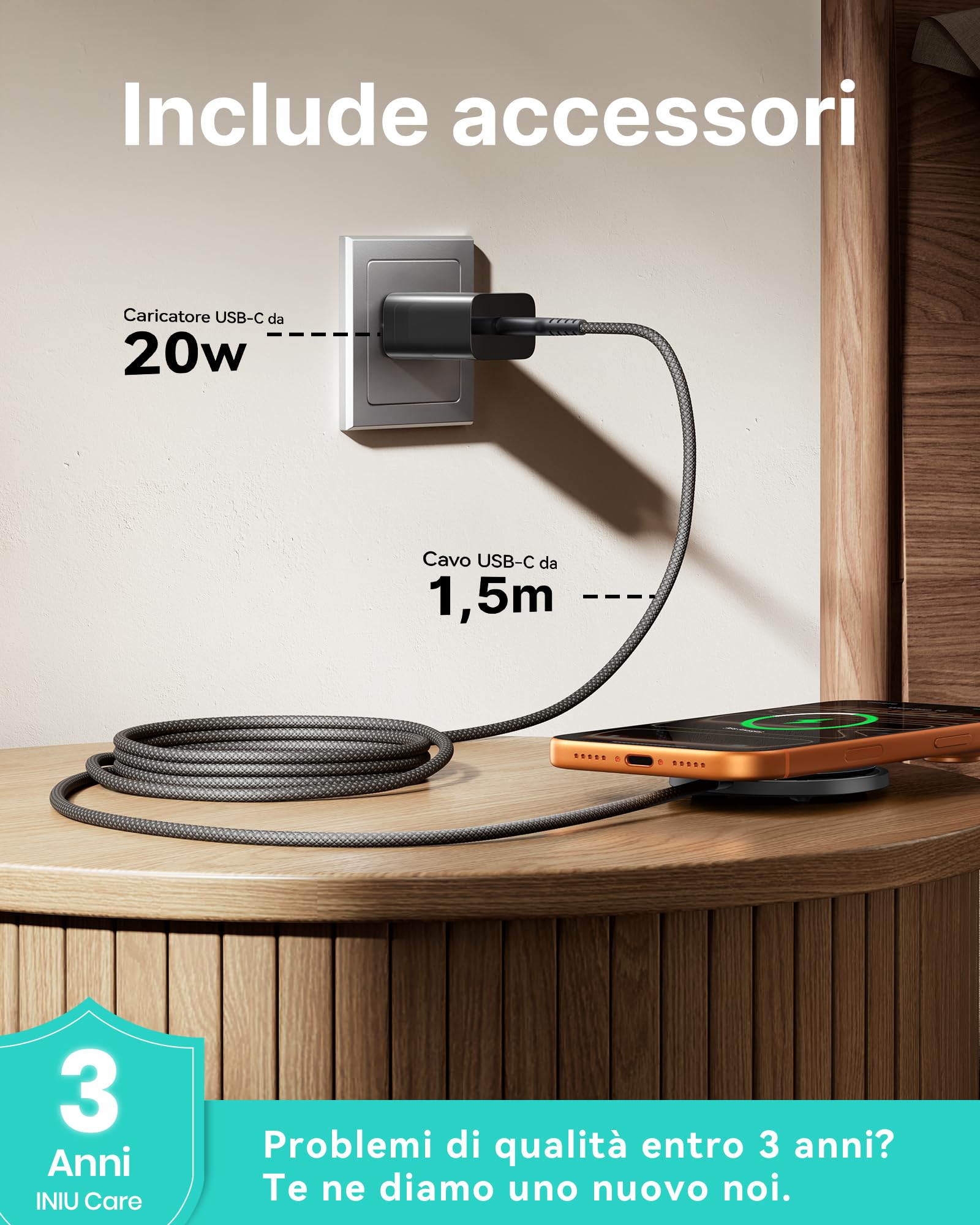 INIU Caricatore Wireless 2 in 1, 15W Certificato Qi2 Caricabatterie Magnetico, Stazione Ricarica Wireless Mag-Safe per iPhone 17 16 15 14 13 Pro Max Mini AirPods 4 3 2(con Adattatore USB C 20W)