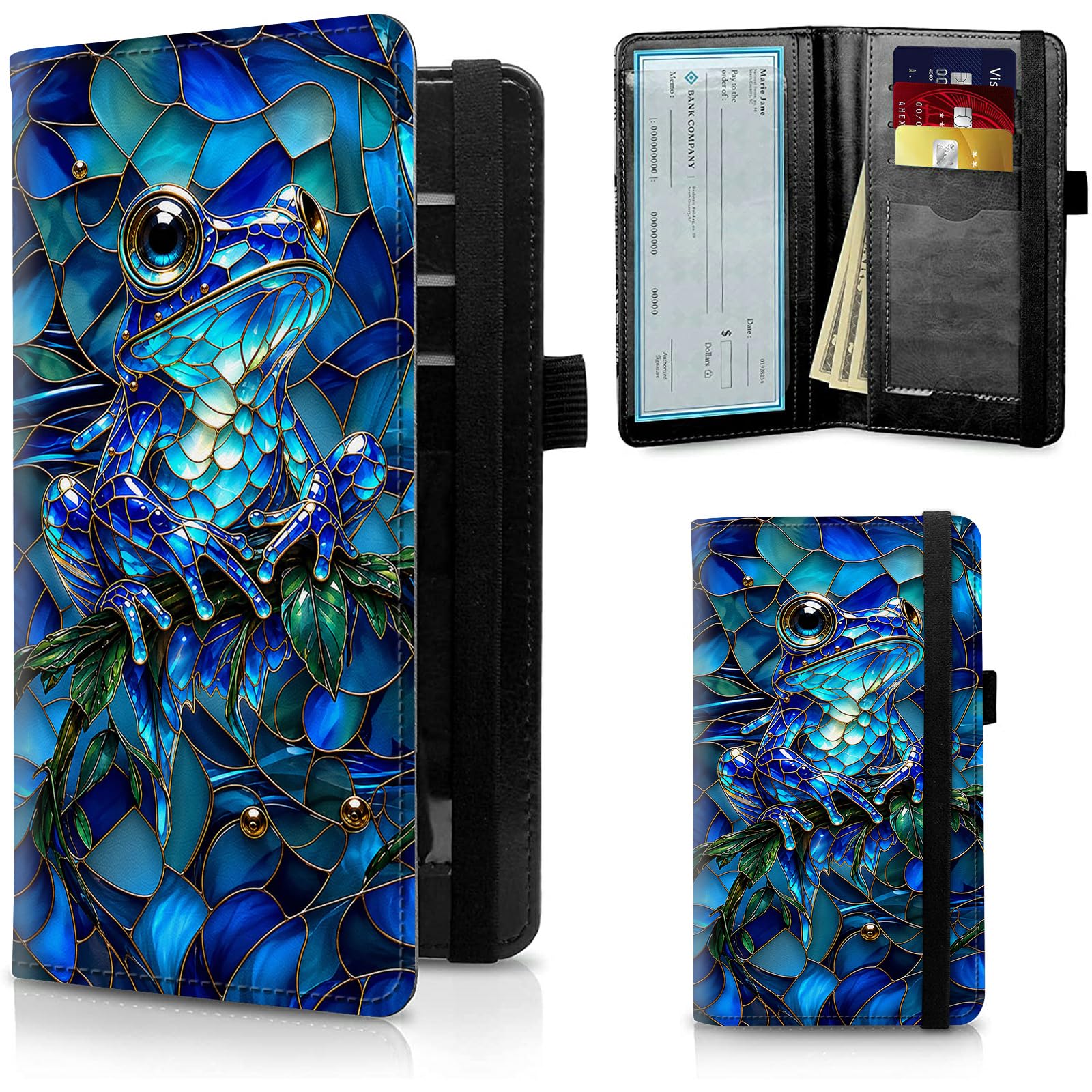 FUYOCWE Stained Glass Blue Frog Checkbook Cover for Men &amp; Women