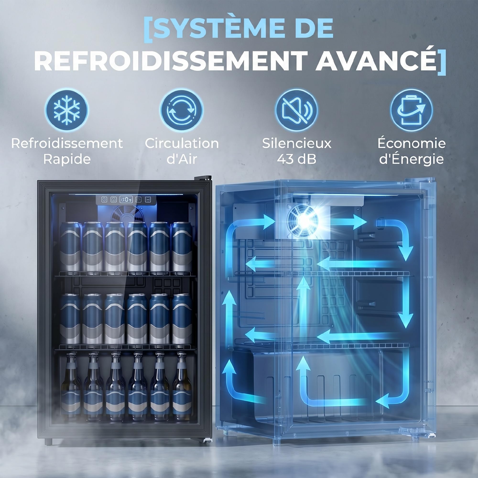 HOMCOM Réfrigérateur à Boissons 70L 70 Canettes, Frigo Silencieux Pose Libre, Porte Verre Trempé Double, Étagères Réglables, Éclairage LED, Noir