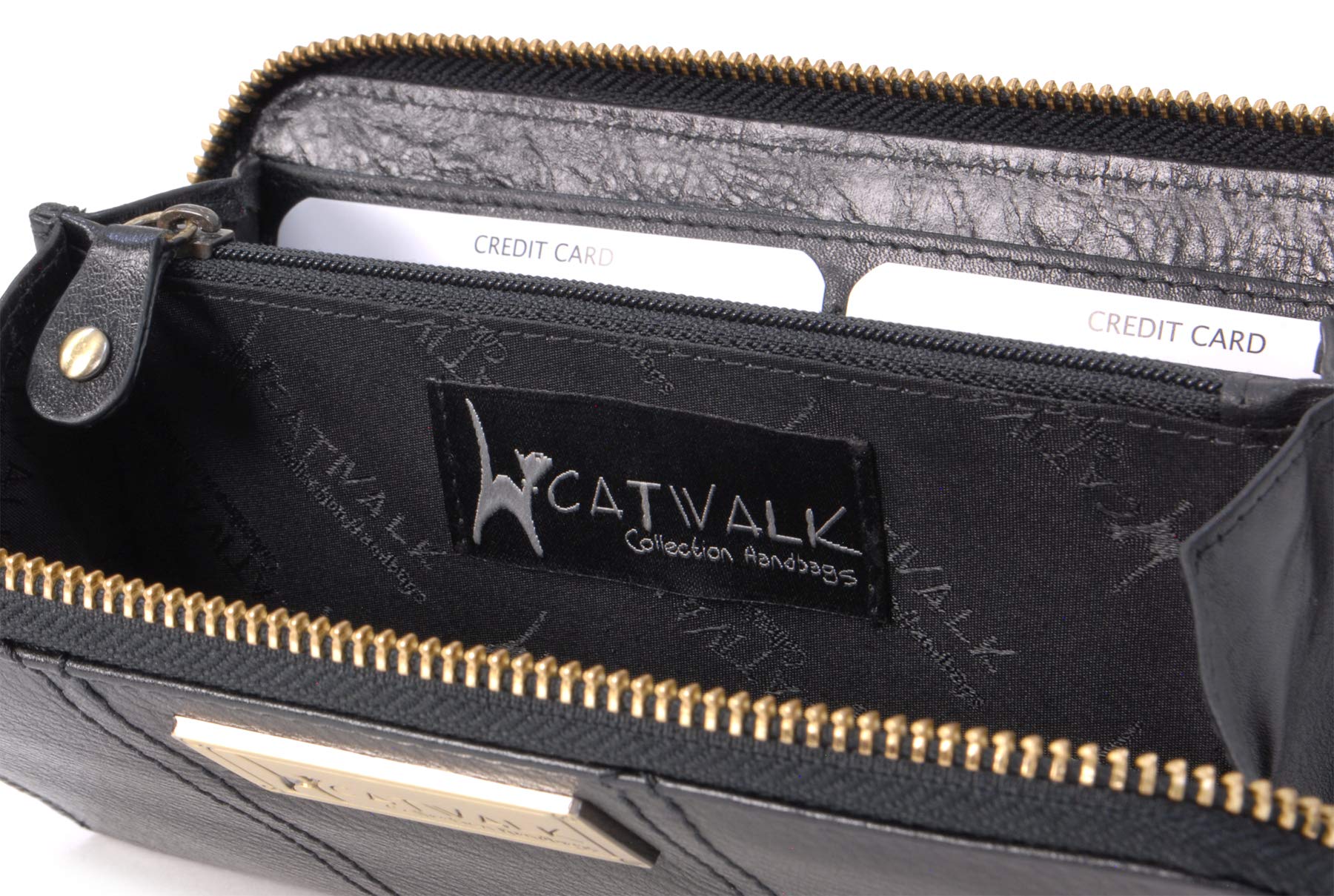Catwalk Collection Handbags - Średnia Skórzana Portmonetka Dla Kobiet - Kieszenie na 8 Kart Kredytowych i Monety - Ochrona RFID - Gallery - Czarny