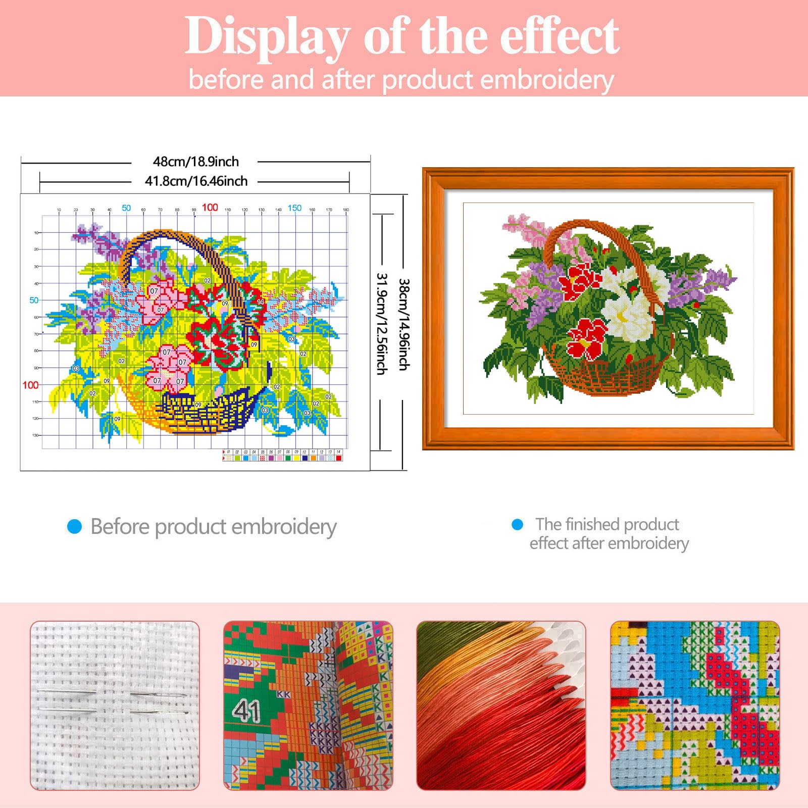 Zhenqing Plant-Themed Printed Cross-Stitch Kit - Easy Embroidery Set for Adult Beginners, 11CT 15×18.9inch, Includes Complete Tools, Perfect for Creative Home Decor (Flower Basket 65850)