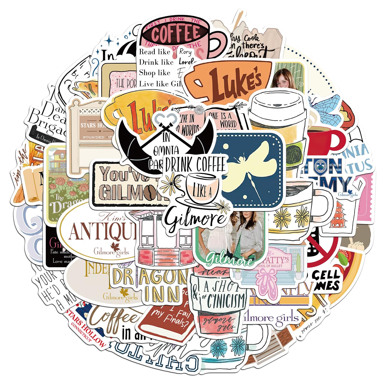 52Pcs Gilmore Girls Stickers Pack, Waterproof Vinyl Decals for Laptop, Journal, Water Bottle - Aesthetic Doodle Stickers for Scrapbooking and Customization