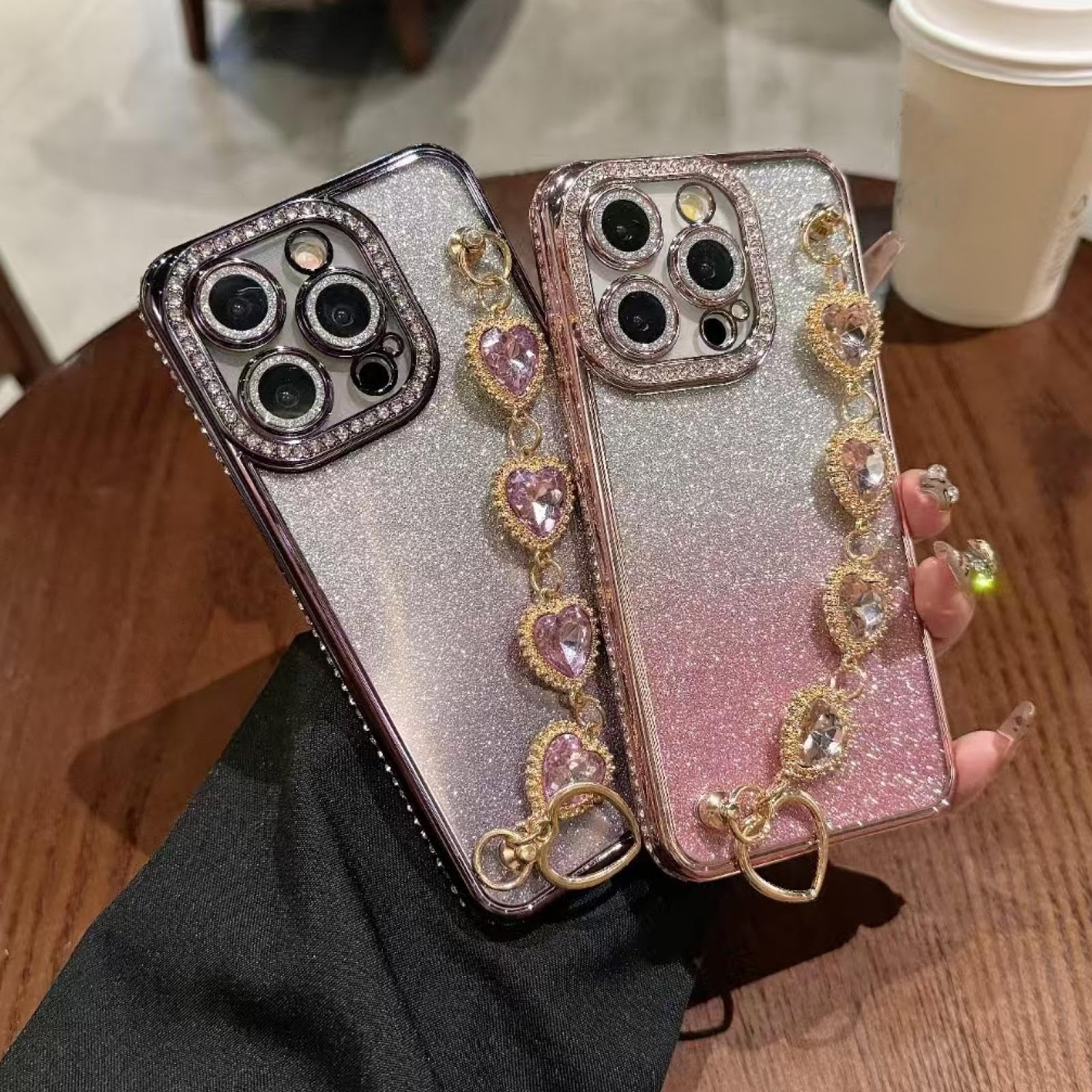 Funda de Pulsera de Lujo con diseño de corazón y Purpurina degradada para iPhone 16 ProMax (para iPhone 16 ProMax/Rosa GS)