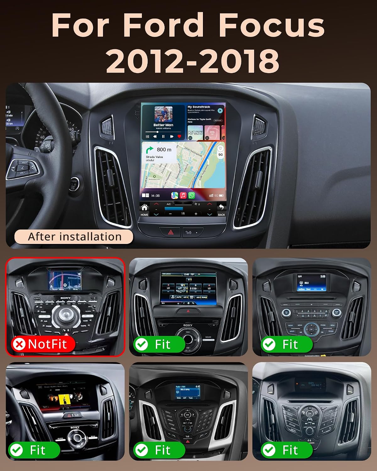 [4Core 64GB ROM] Car Radio for Ford Focus 2012-2018: 10.4" HD Touchscreen Head Unit Stereo, Built-in Wireless Carplay/Android Auto 5G WiFi Bluetooth 5.0 GPS FM SWC Mirror Link 1080P Backup Camera