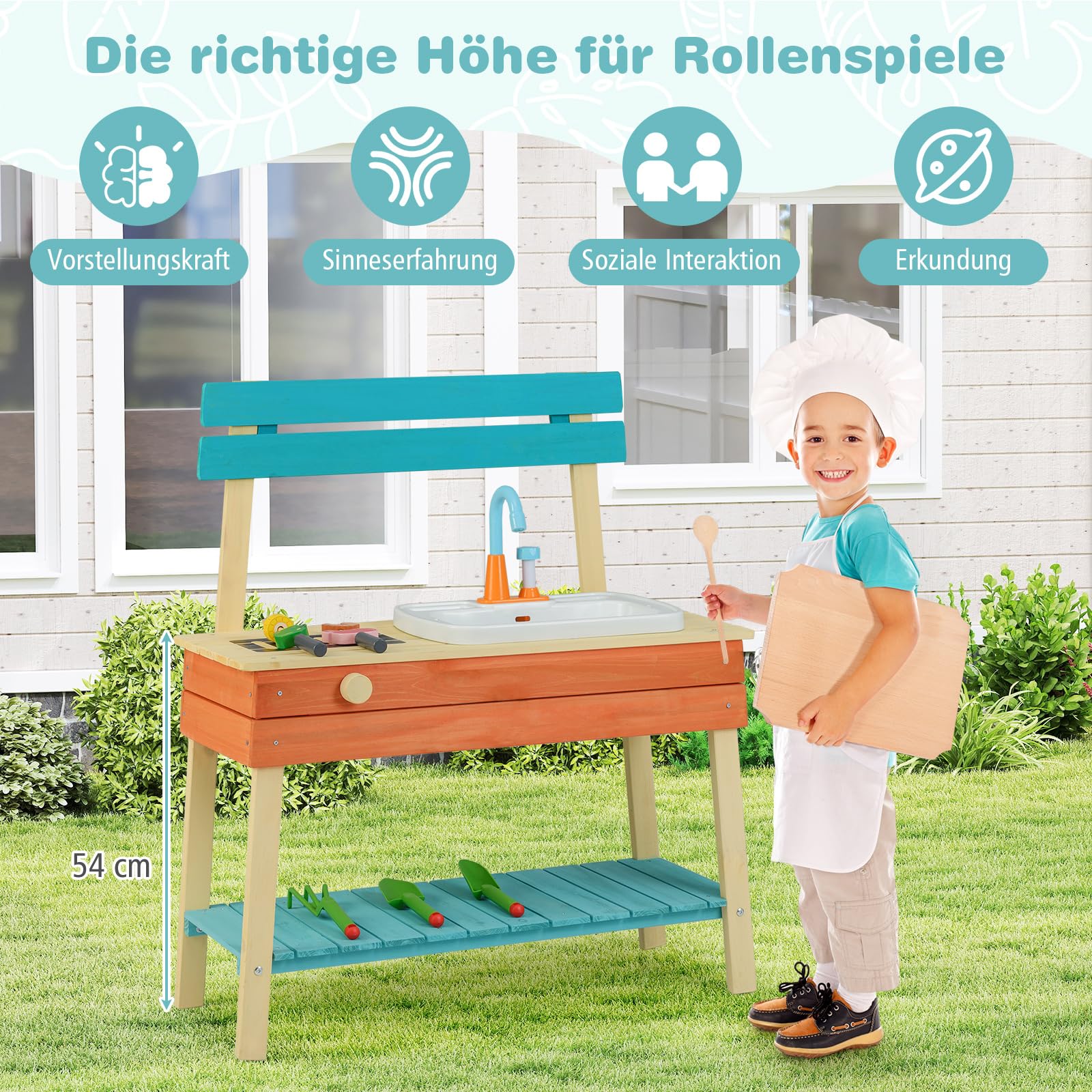 COSTWAY Matschküche Kinder Outdoor, Kinderküche Holz mit Wasserhahn & Grill, inkl. Holzspießen, Lebensmitteln & Gartenzubehör, Outdoorküche für Kinder ab 3 Jahren