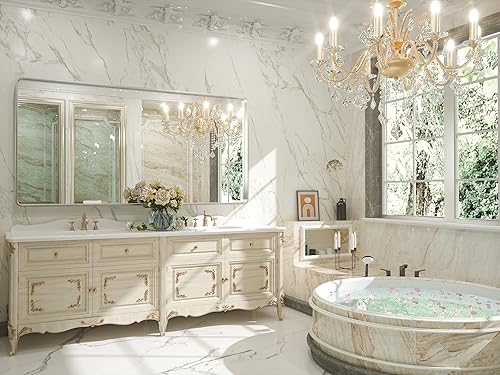 Miniatura 8 de TETOTE Espejo de tocador plateado de 60 x 30 pulgadas, espejo rectangular de metal cepillado con marco de metal para baño, espejo de esquina redonda