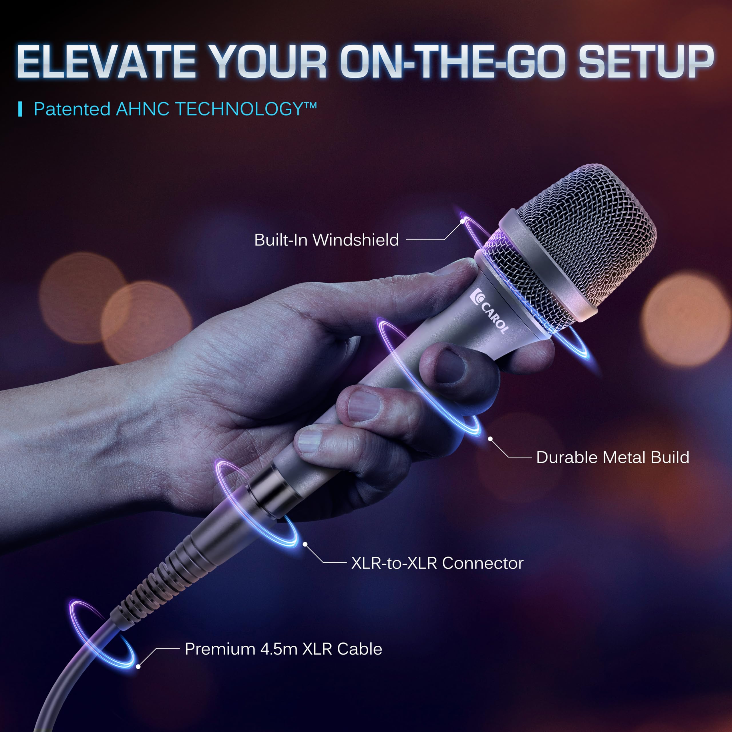 CAROL AC-900 XLR Micrófono vocal con cable, supercardioide sin interruptor, color gris | Micrófono dinámico con cancelación de ruido AHNC de doble motor para karaoke, escenario, estudio. Incluye: Cable de 4,5 m.