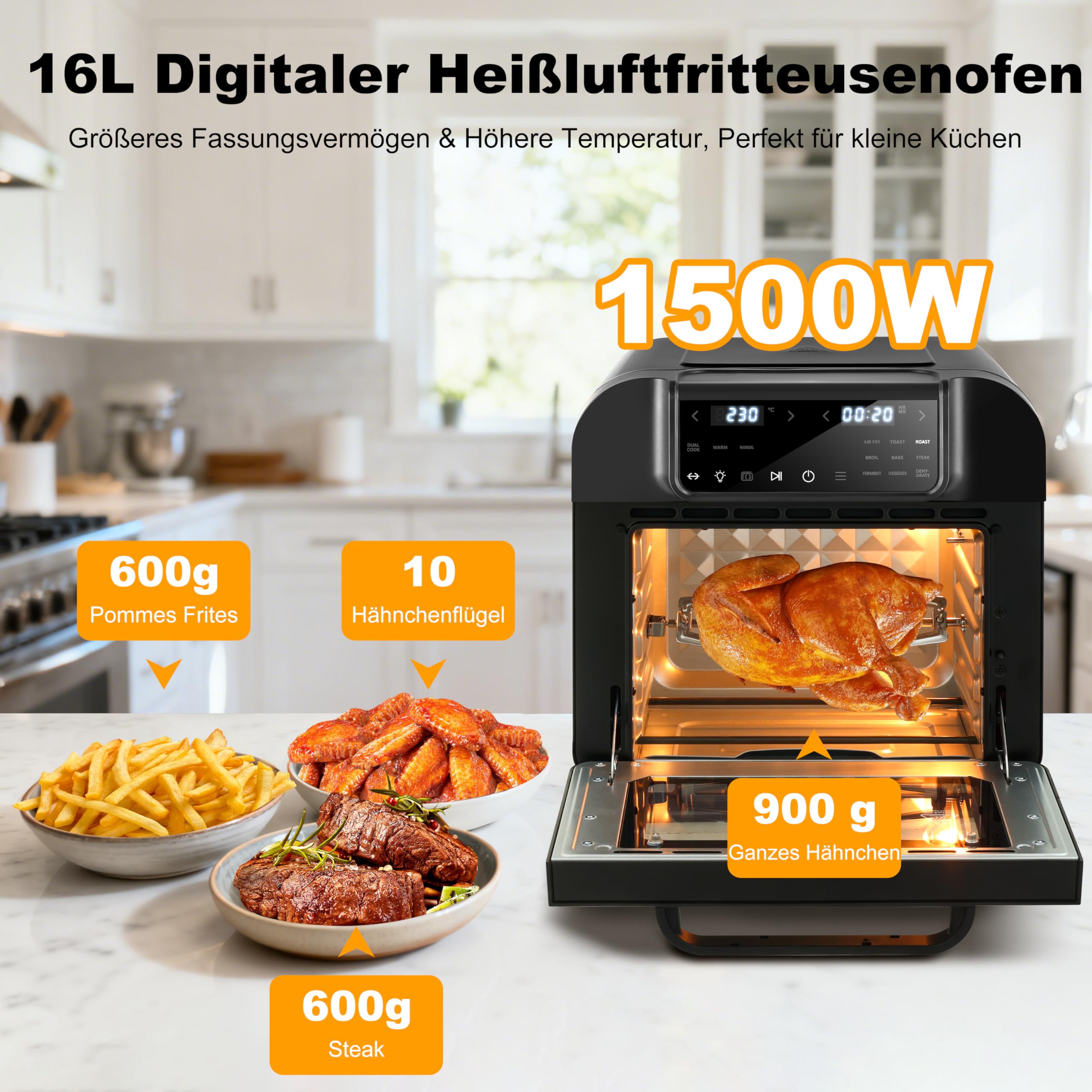 16L Heißluftfritteuse XXL mit Rotisserie Große Kapazität Bis zu 230°C 9 smarte Kochfunktionen Air Fry Roast Grill Bake Dehydrate & Mehr Einfache Digitale Steuerung Tischofen