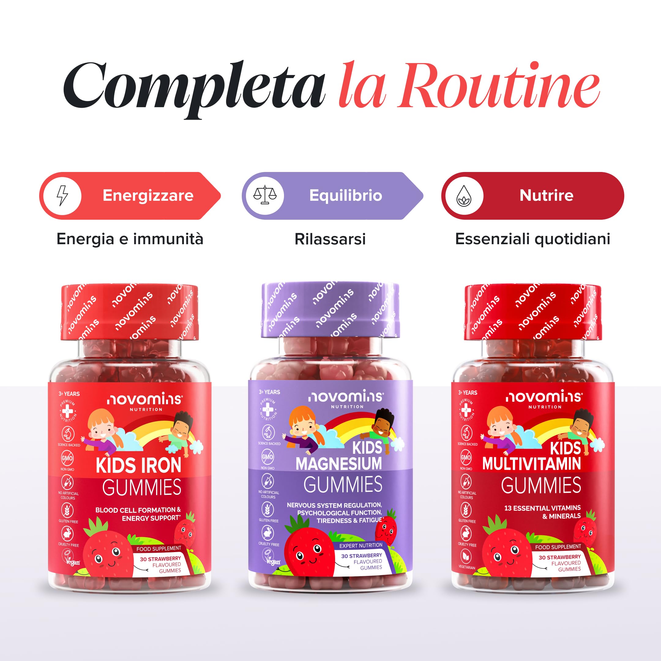 Ferro Bambini Gommose – Ferro + Vitamina C per l'Assorbimento – Energia, Globuli Rossi e Difese – Vegano, Senza Glutine – 30 Gommose Gusto Fragola – Novomins