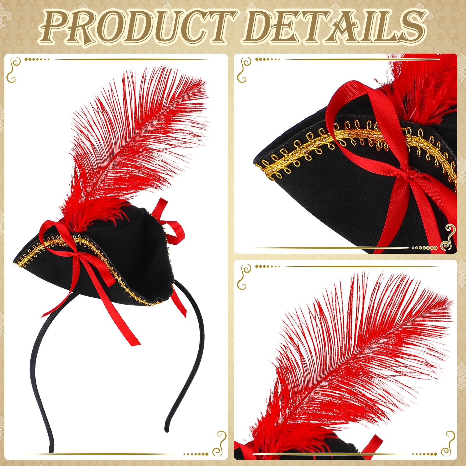 ShinyMatch 3 Pcs Pirate Tricorn Mini Hat Headband for Women Red Bow Knot Feather Pirate Fascinator Hat, One Size for School Play Theatrical Performance - Image 4