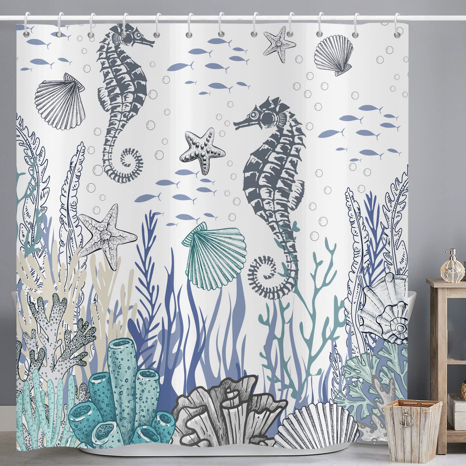 ASDCXZ Shower Curtain Maritim 150x180 cm, Marine Animals Hippocampus Fish Shells Starfish Blue Washable Shower Curtains Polyester Textile Waterproof Shower Curtain for Bathtub with 10 Hooks — image 1