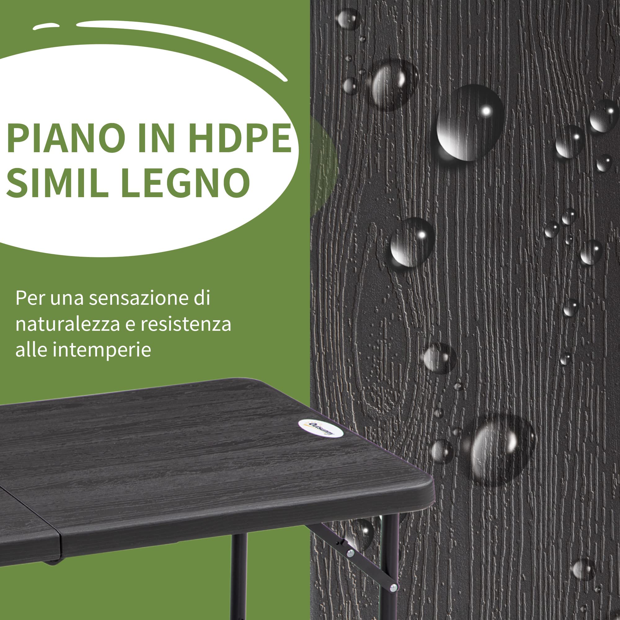 Outsunny Tavolo da Giardino Pieghevole per 4 Persone con Altezza Regolabile, in Acciaio e HDPE, 118x60x74 cm